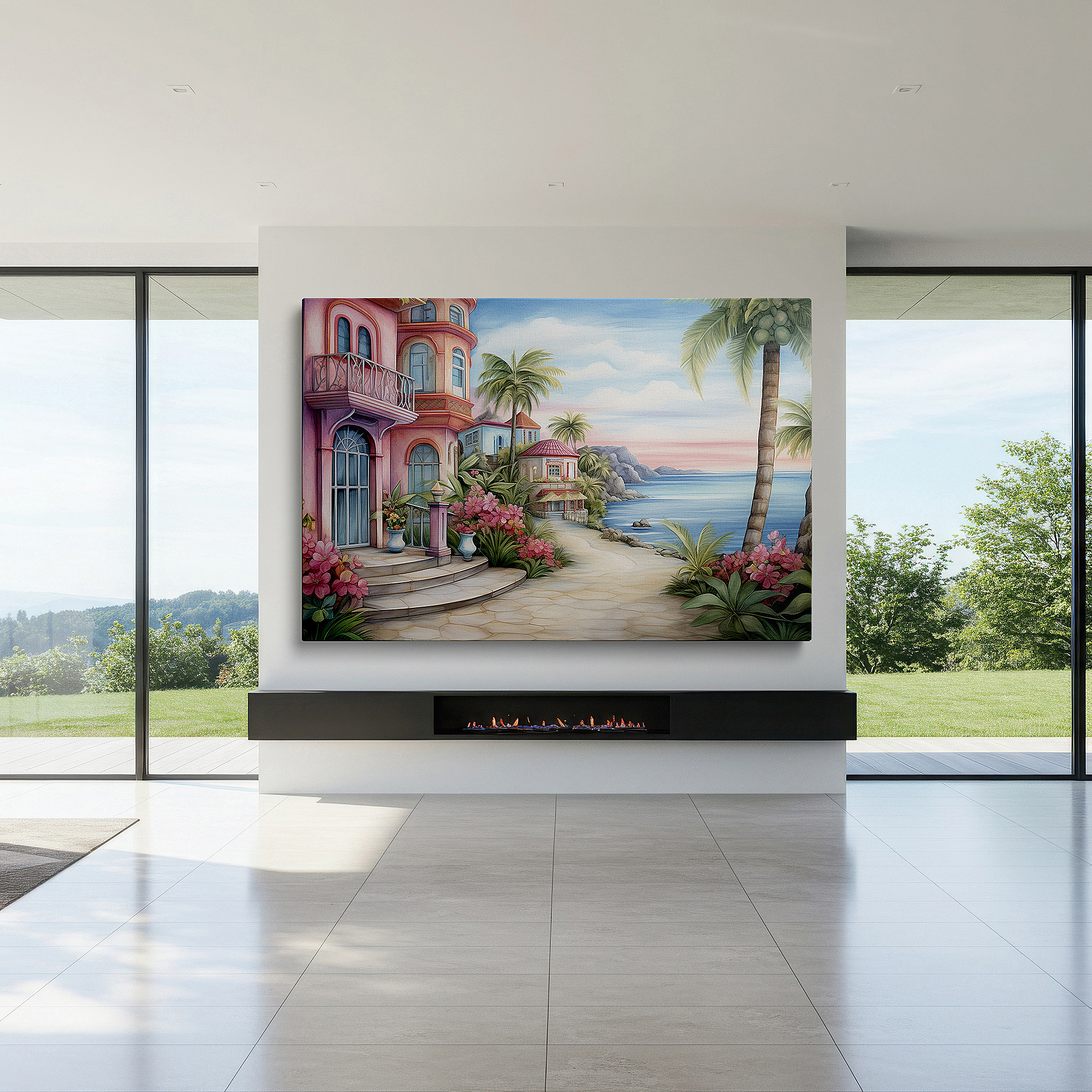 Mounted in a loft-style interior with exposed brick walls — serene coastal pathway canvas art featuring lush tropical greenery and charming island homes - perfect for office or bedroom wall decor