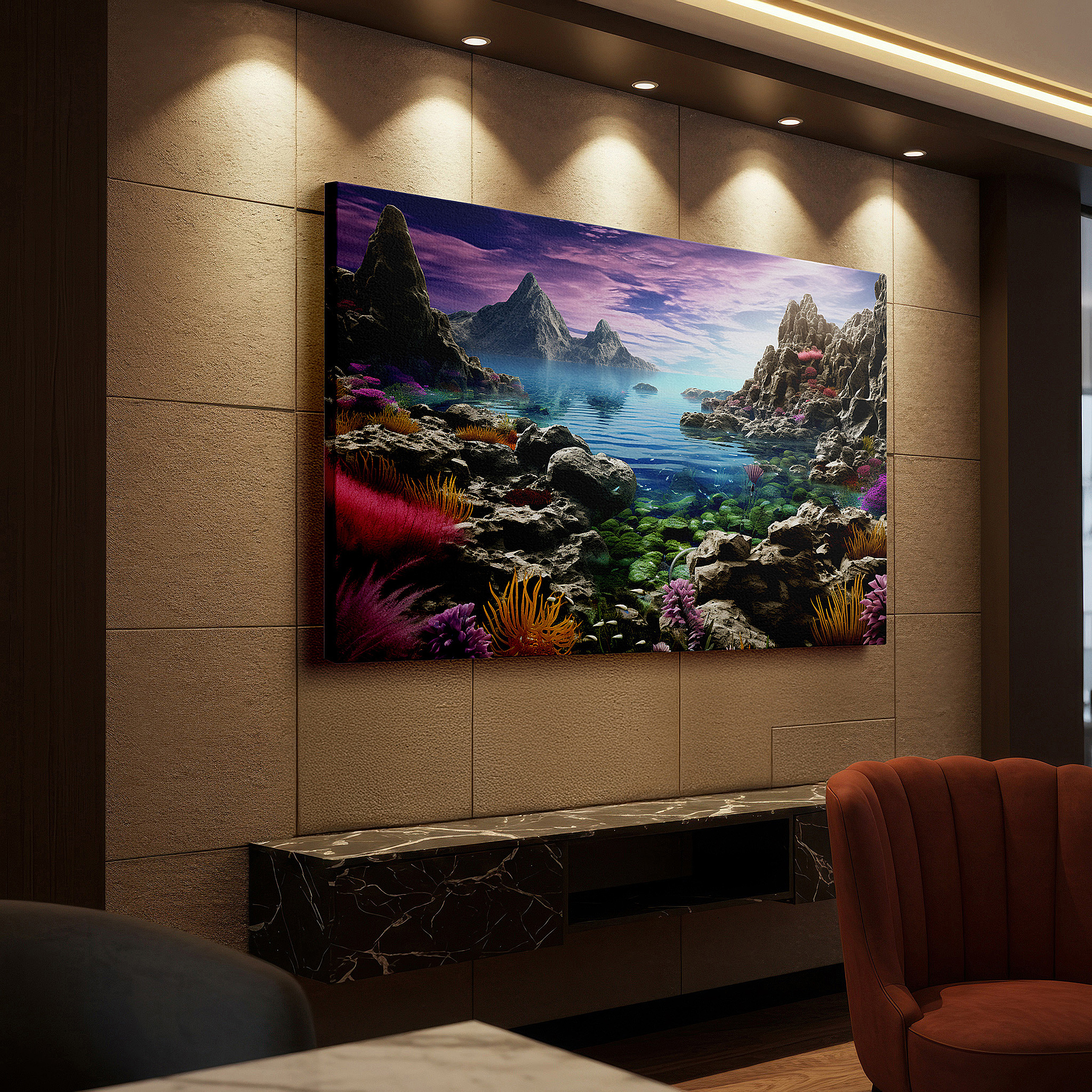 Mounted in a loft-style interior with exposed brick walls — serene coastal scene with verdant vegetation and tranquil waters: large canvas wall art for office, bedroom, and living room decor