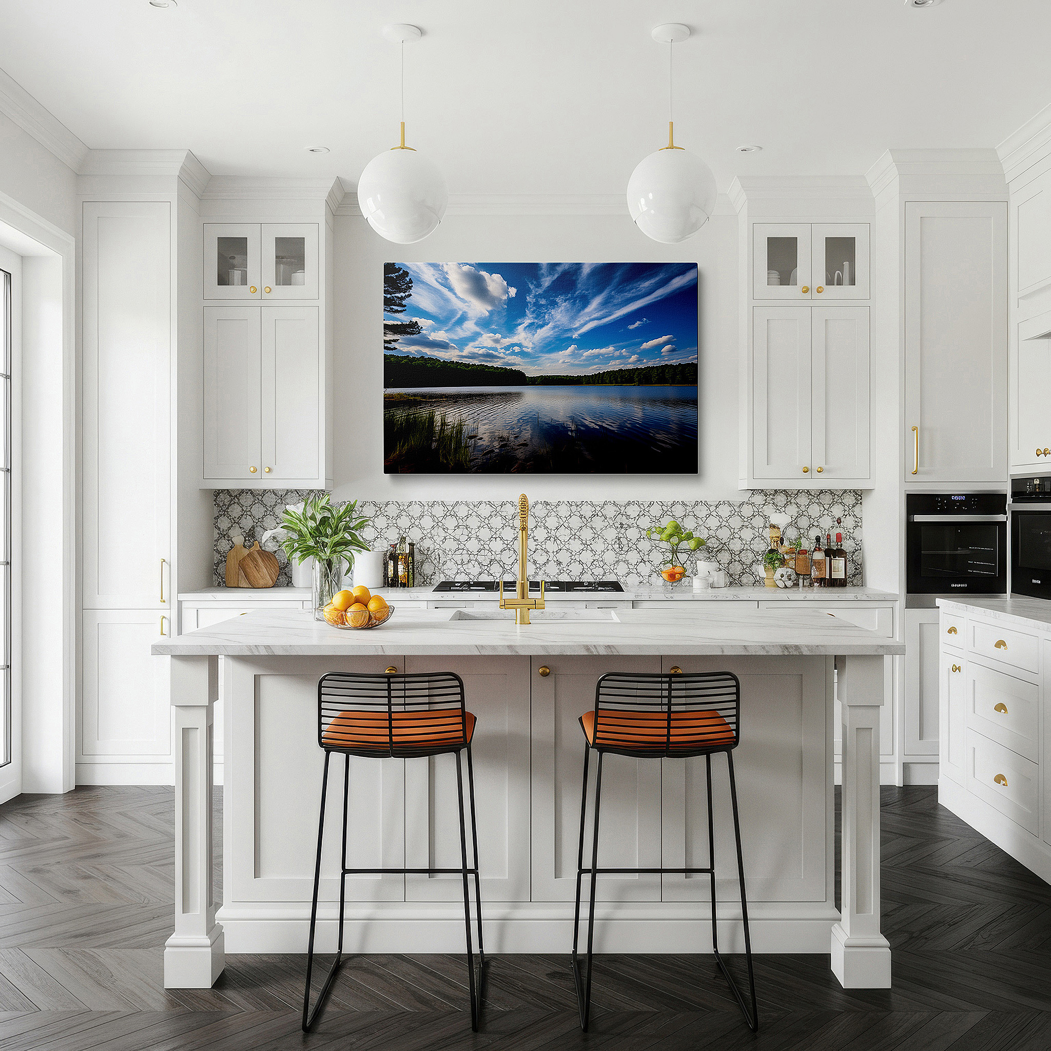Mounted in a loft-style interior with exposed brick walls — serene lake and towering pines reflective water scene large canvas wall art for office, bedroom, and living room decor