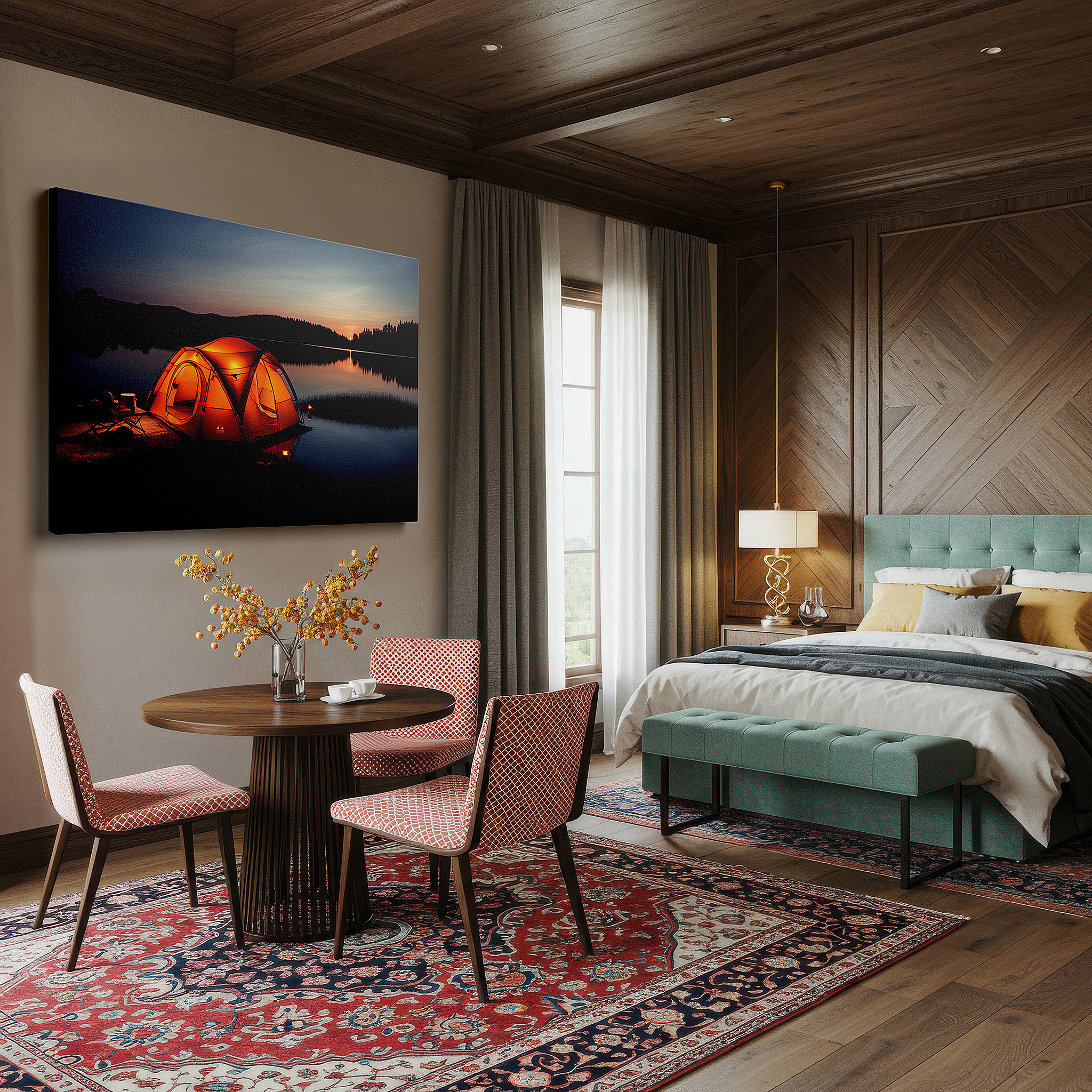Mounted in a loft-style interior with exposed brick walls — serene lakeside escape featuring a bright orange tent under twilight skies - large wall art, canvas wall art, wall decor for office and bedroom