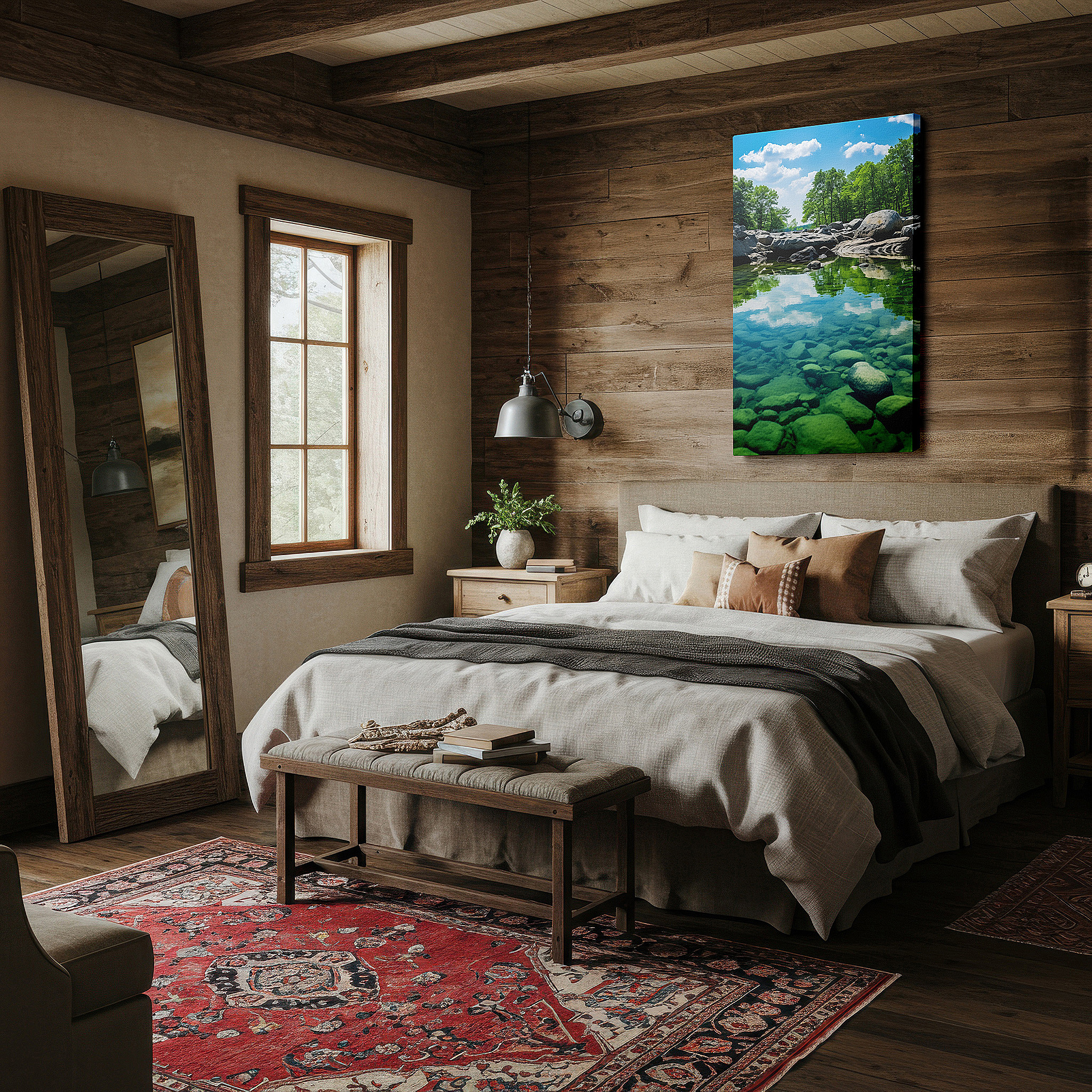 Mounted in a loft-style interior with exposed brick walls — serene mountain stream in lush wilderness: tranquil nature escape - large canvas wall art for office and bedroom decor