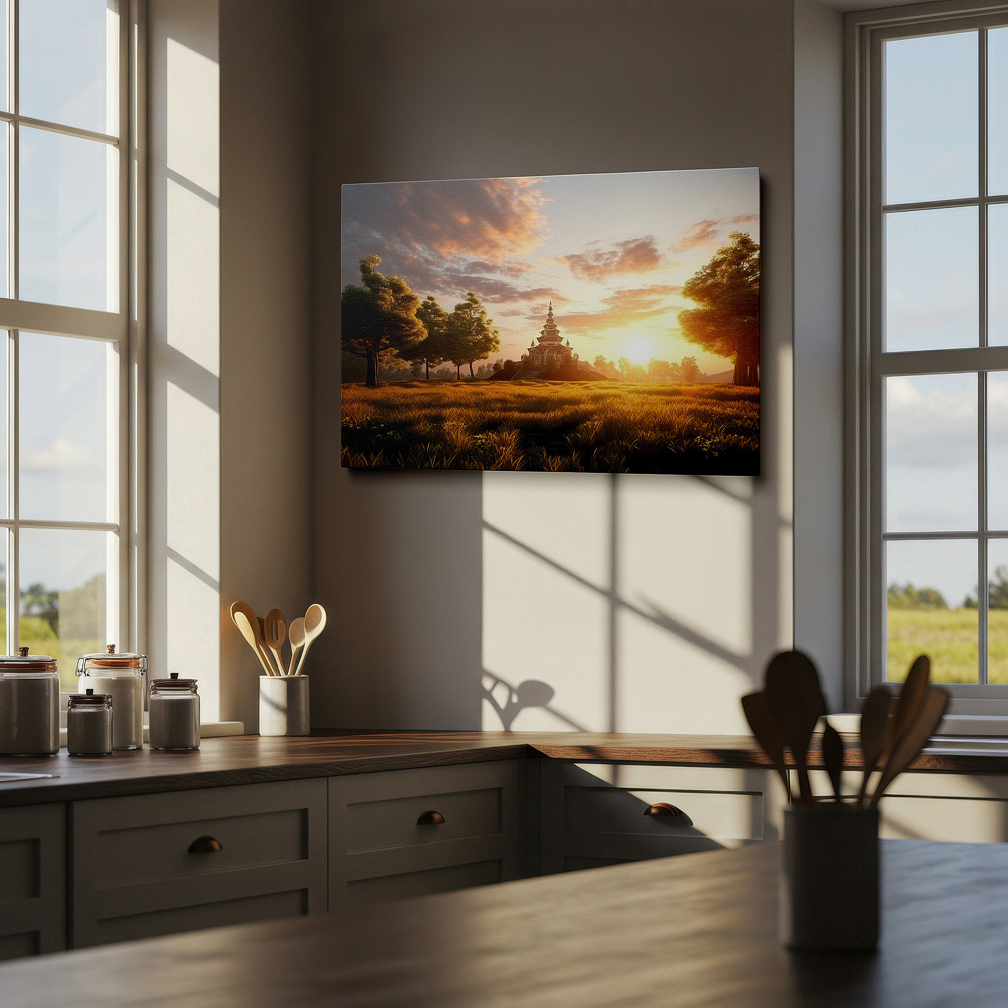 Mounted in a loft-style interior with exposed brick walls — serene pagoda amidst lush landscape bathed in sunset's golden light - large canvas wall art for office and bedroom decor