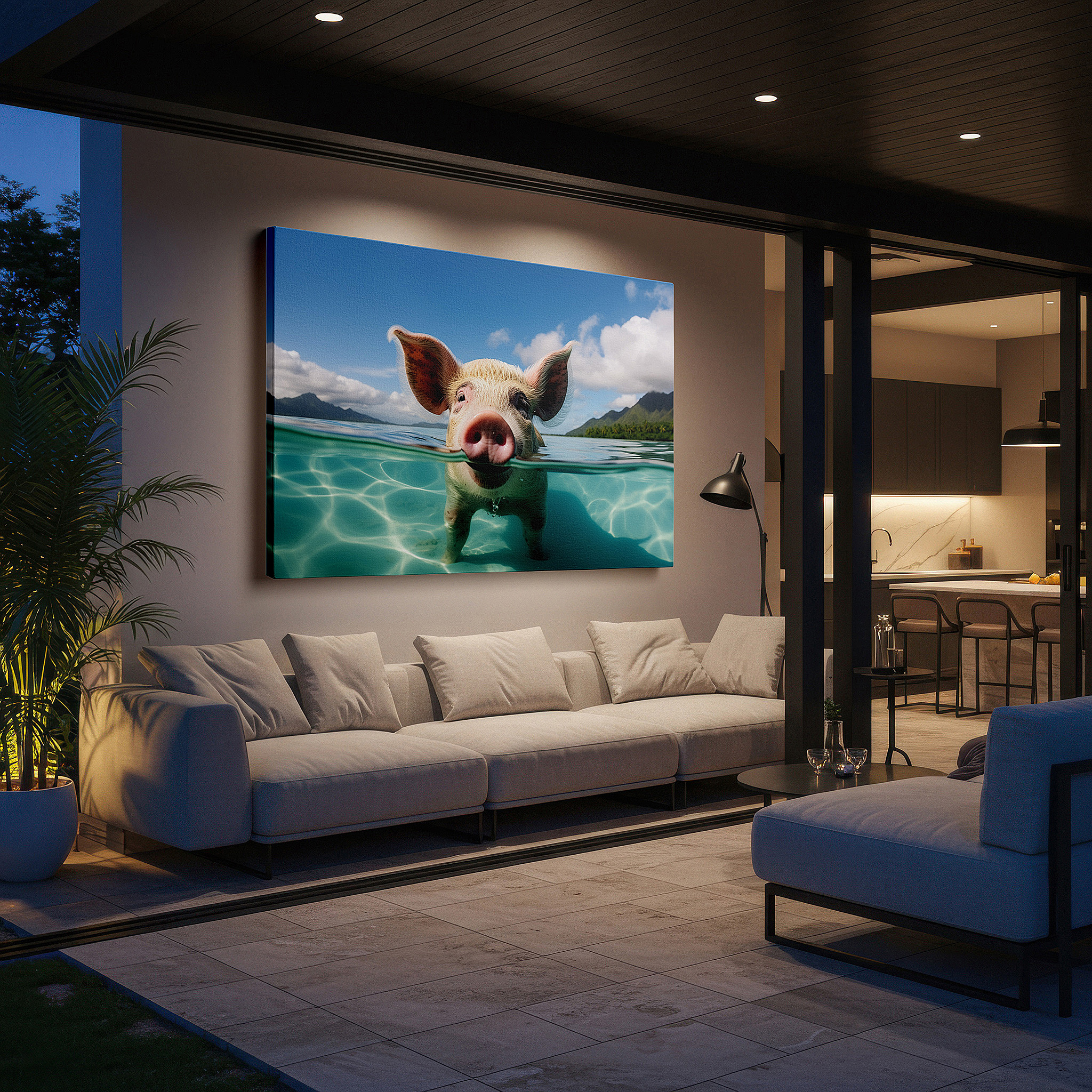 Mounted in a loft-style interior with exposed brick walls — serene pig floating in crystal waters with tropical mountain backdrop - large canvas wall art for office and bedroom decor