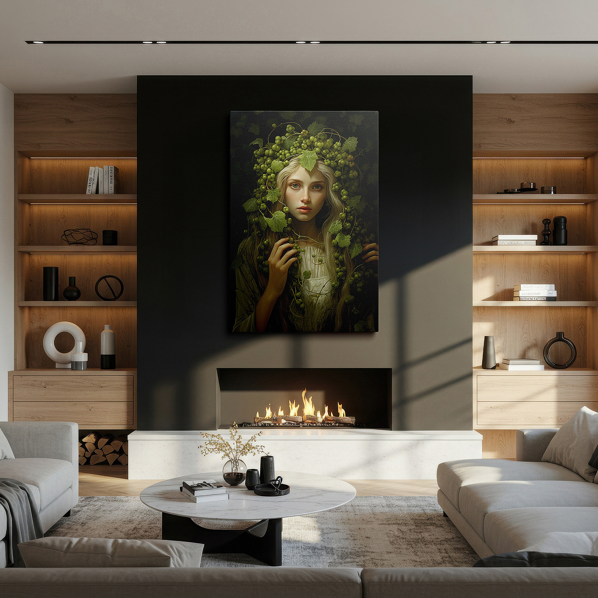 Mounted in a loft-style interior with exposed brick walls — serene reflections of nature's bounty: large wall art featuring a crown of grapevines and leaves, canvas wall art for office decor