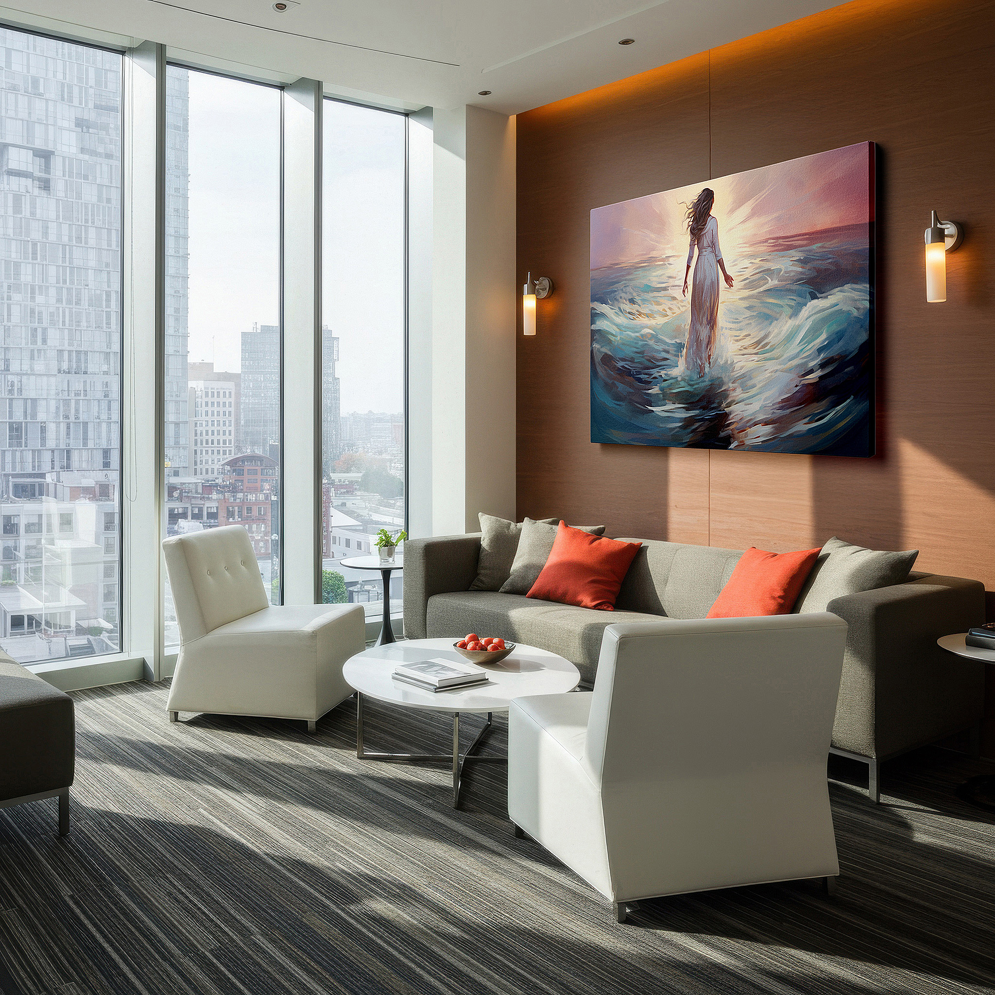 Mounted in a loft-style interior with exposed brick walls — serene solitude at sunset - tranquil seascape featuring a woman enveloped by the ocean large wall art, canvas wall art, wall decor for office