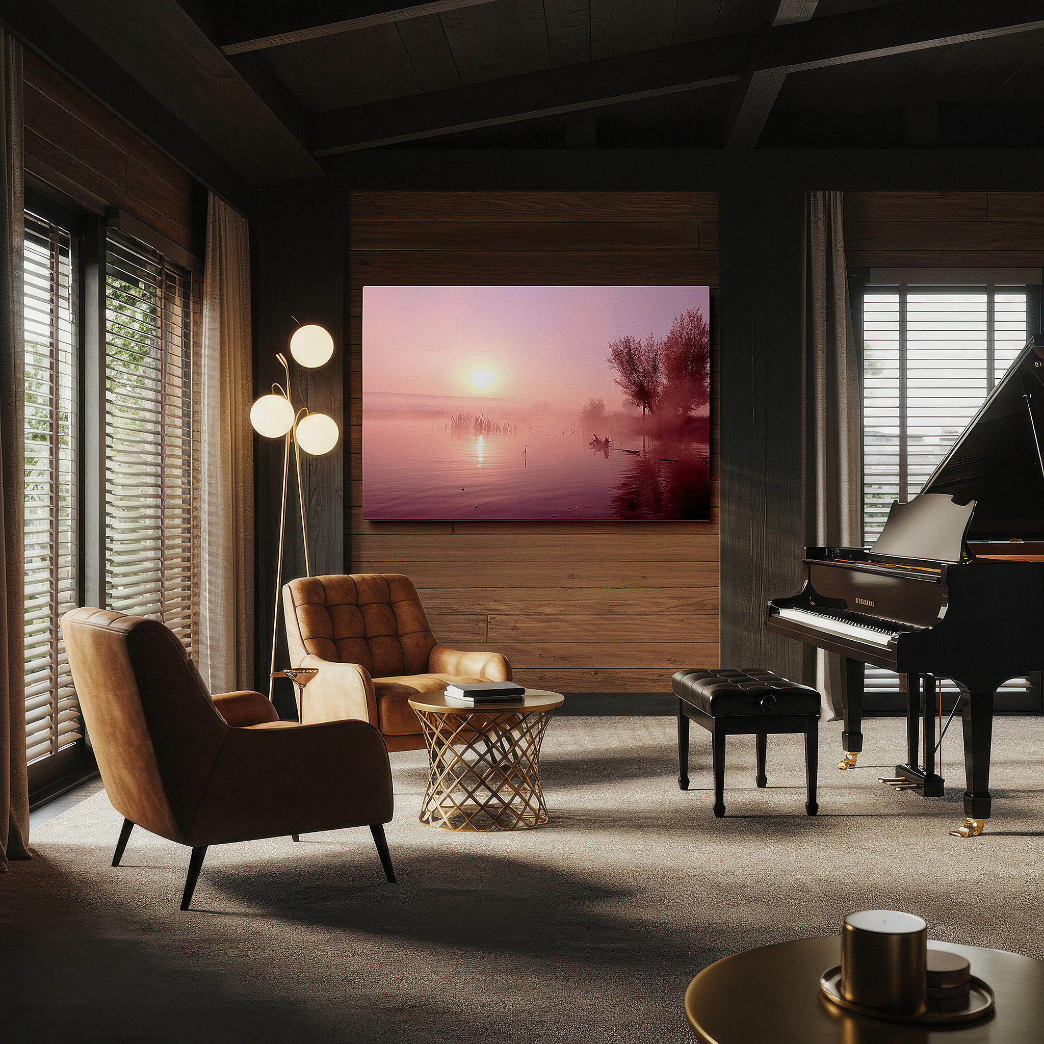 Mounted in a loft-style interior with exposed brick walls — serene sunrise over misty lake wall art: ethereal light and soft pink hues for tranquility - large canvas wall art decor for office