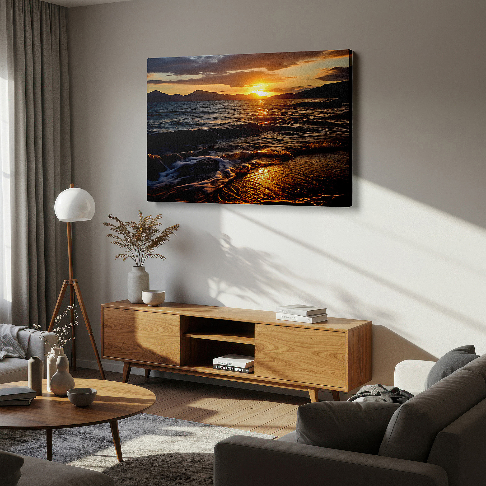 Mounted in a loft-style interior with exposed brick walls — serene sunset and mountain guardians canvas print - tranquil ocean vista wall art for home and office decor, perfect for living room and bedroom