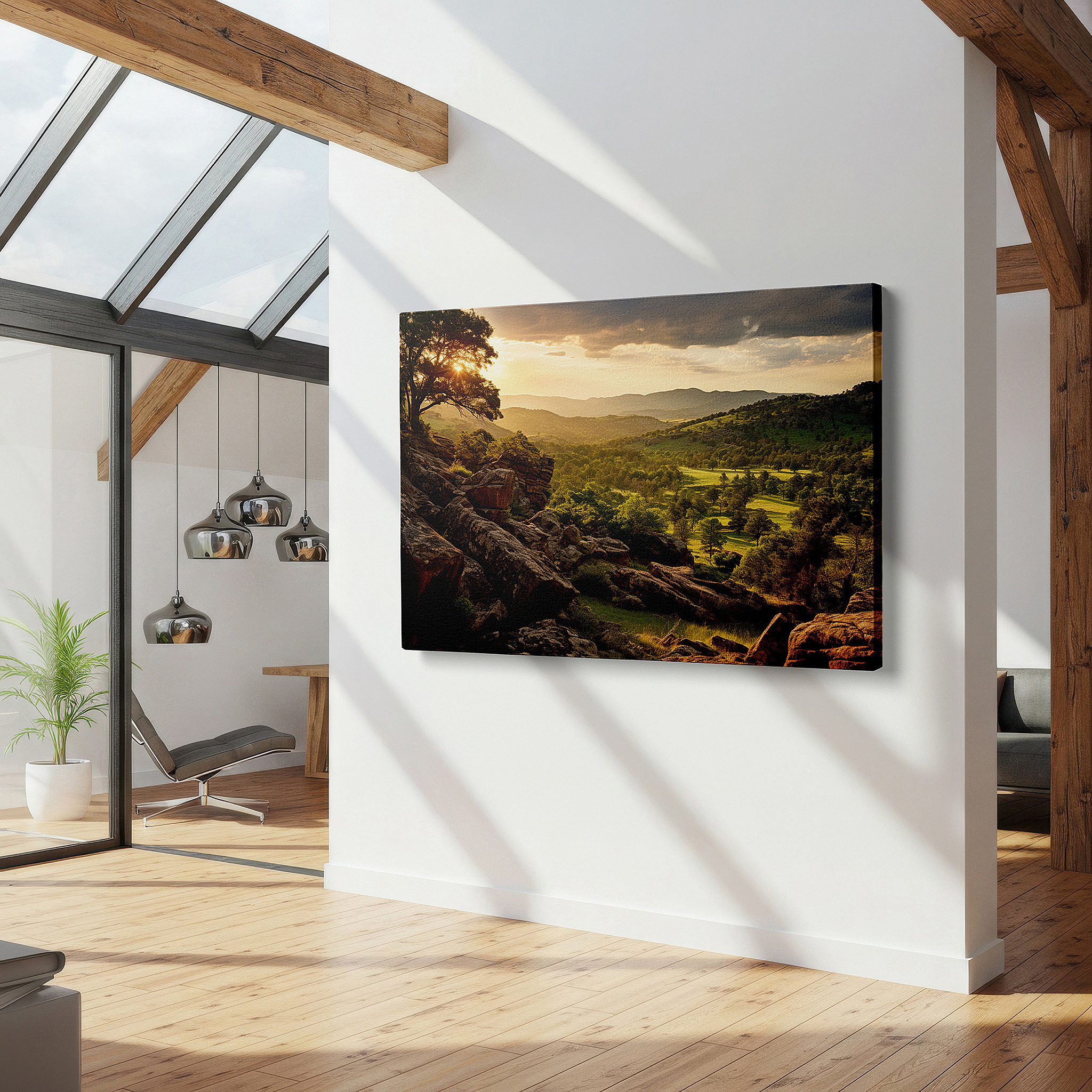 Mounted in a loft-style interior with exposed brick walls — serene sunset over rolling hills and rocky sentinels: large canvas wall art for office, bedroom, and living room decor