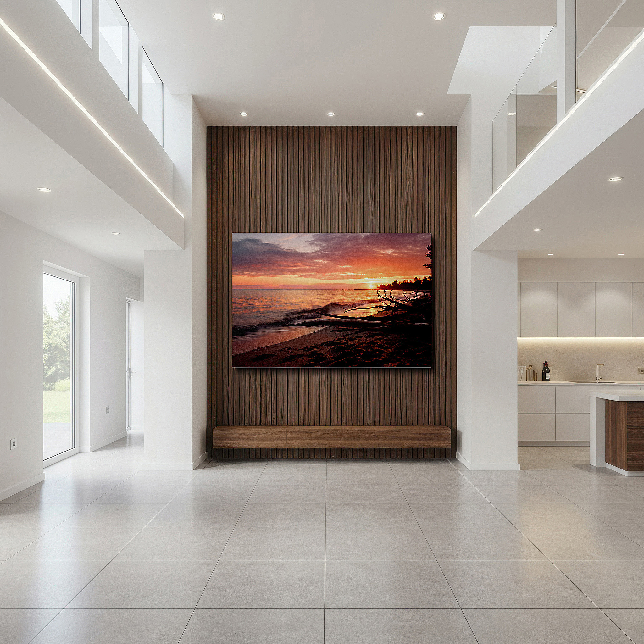 Mounted in a loft-style interior with exposed brick walls — serene sunset and tranquil lake canvas print with driftwood highlights - large wall decor for office, bedroom, and living room