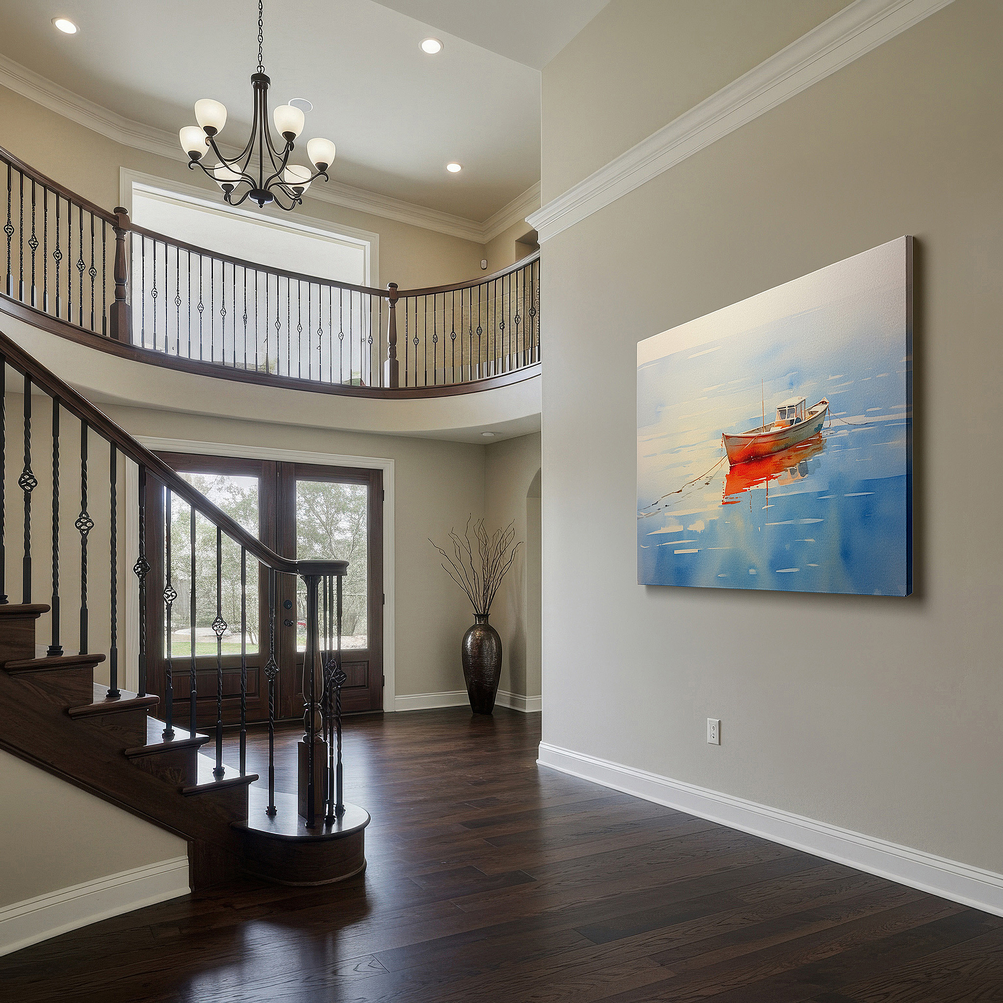 Mounted in a loft-style interior with exposed brick walls — serene waters and solitary boat: a tranquil reflection - large canvas wall art for office and bedroom decor