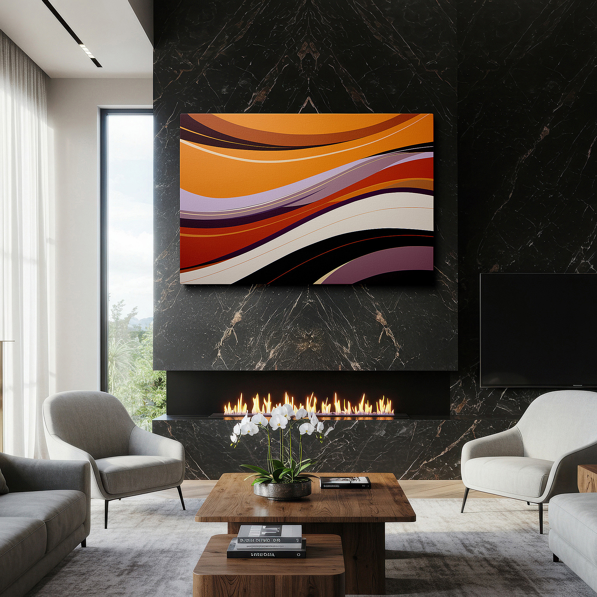 Mounted in a loft-style interior with exposed brick walls — serene waves of tranquility wall art in orange, purple, and neutral tones - large canvas for office and bedroom decor