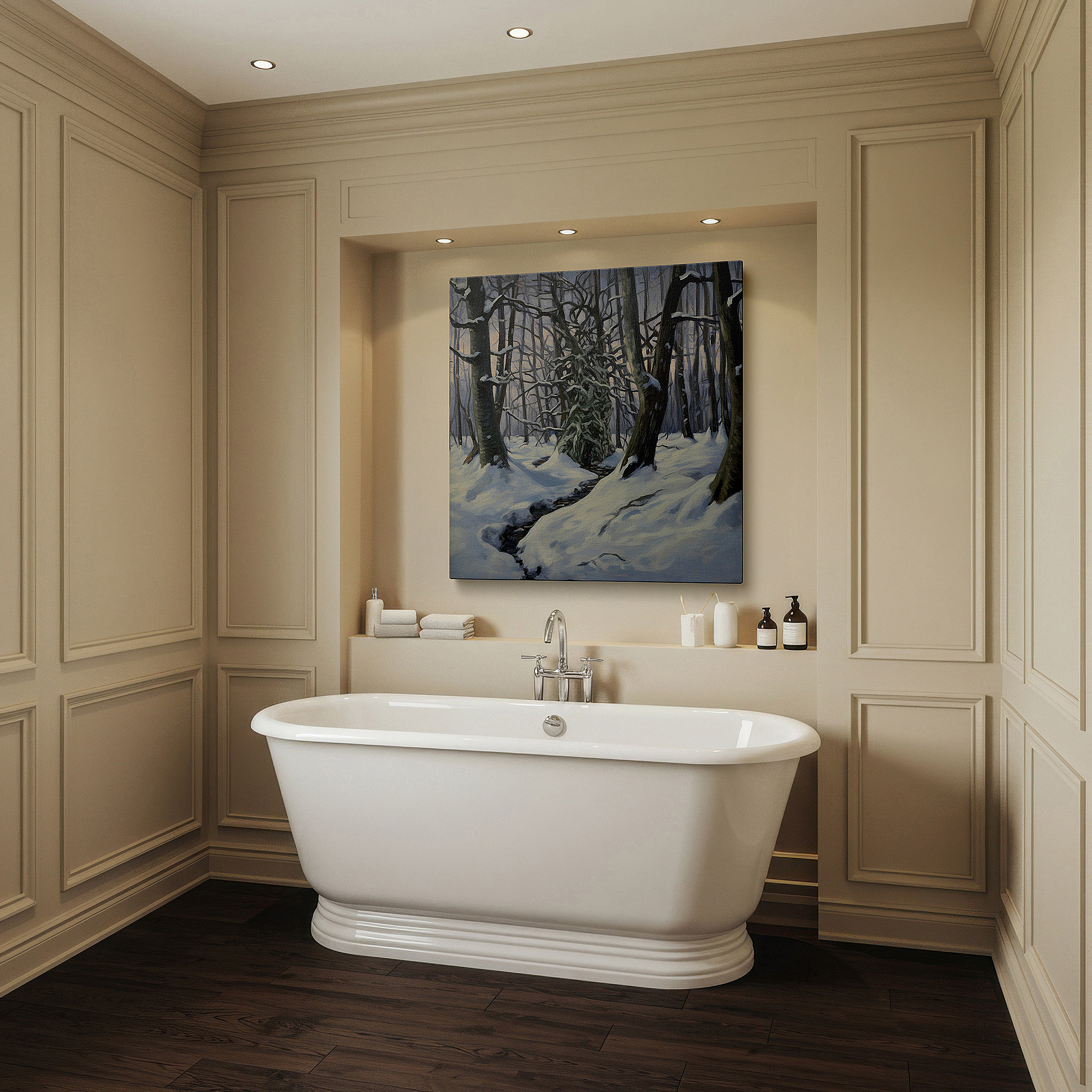 Mounted in a loft-style interior with exposed brick walls — serene winter forest path - tranquil snowy woods large wall art, canvas wall art, wall decor for office