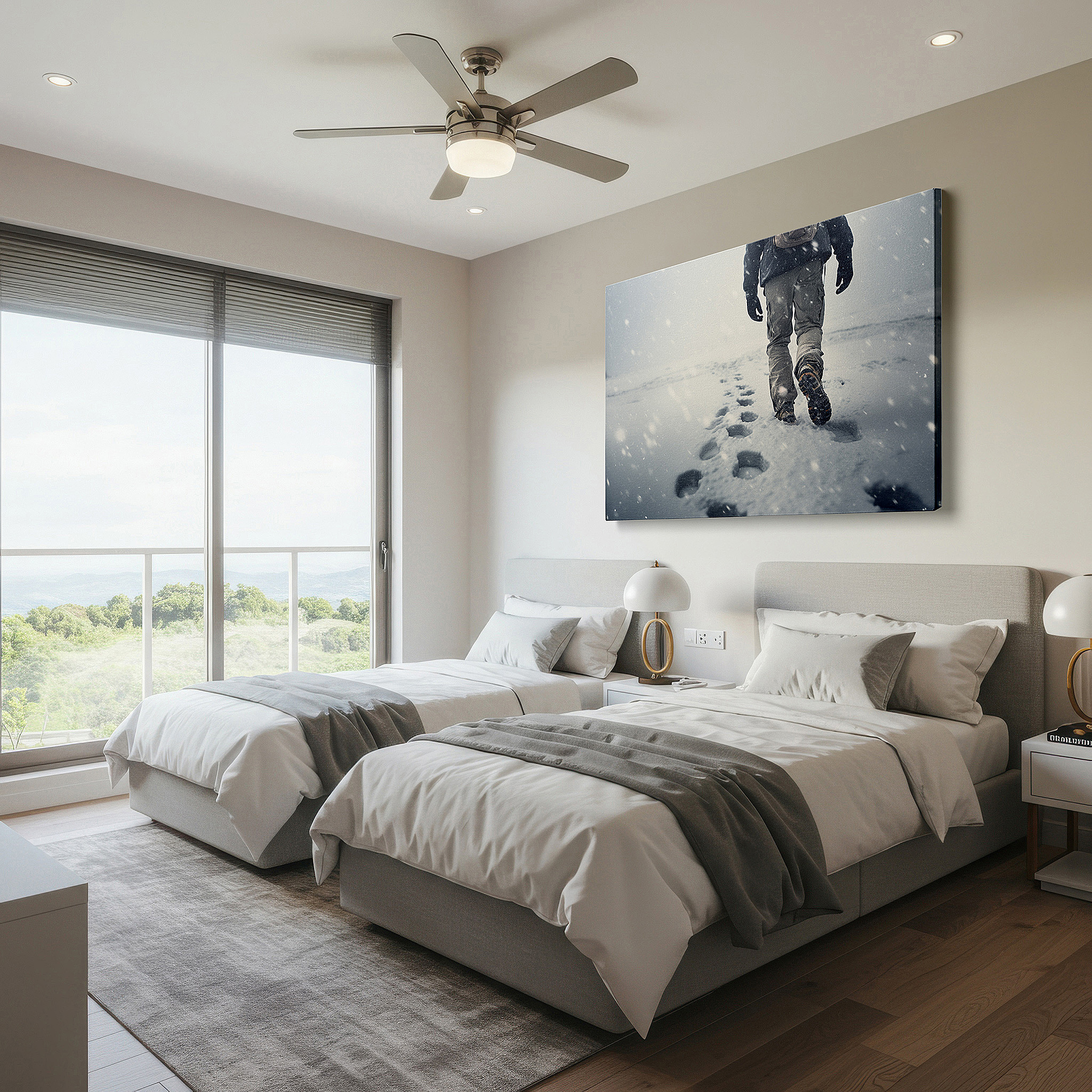 Mounted in a loft-style interior with exposed brick walls — serene winter landscape with lone hiker wall art - tranquil nature escape large canvas decor for office