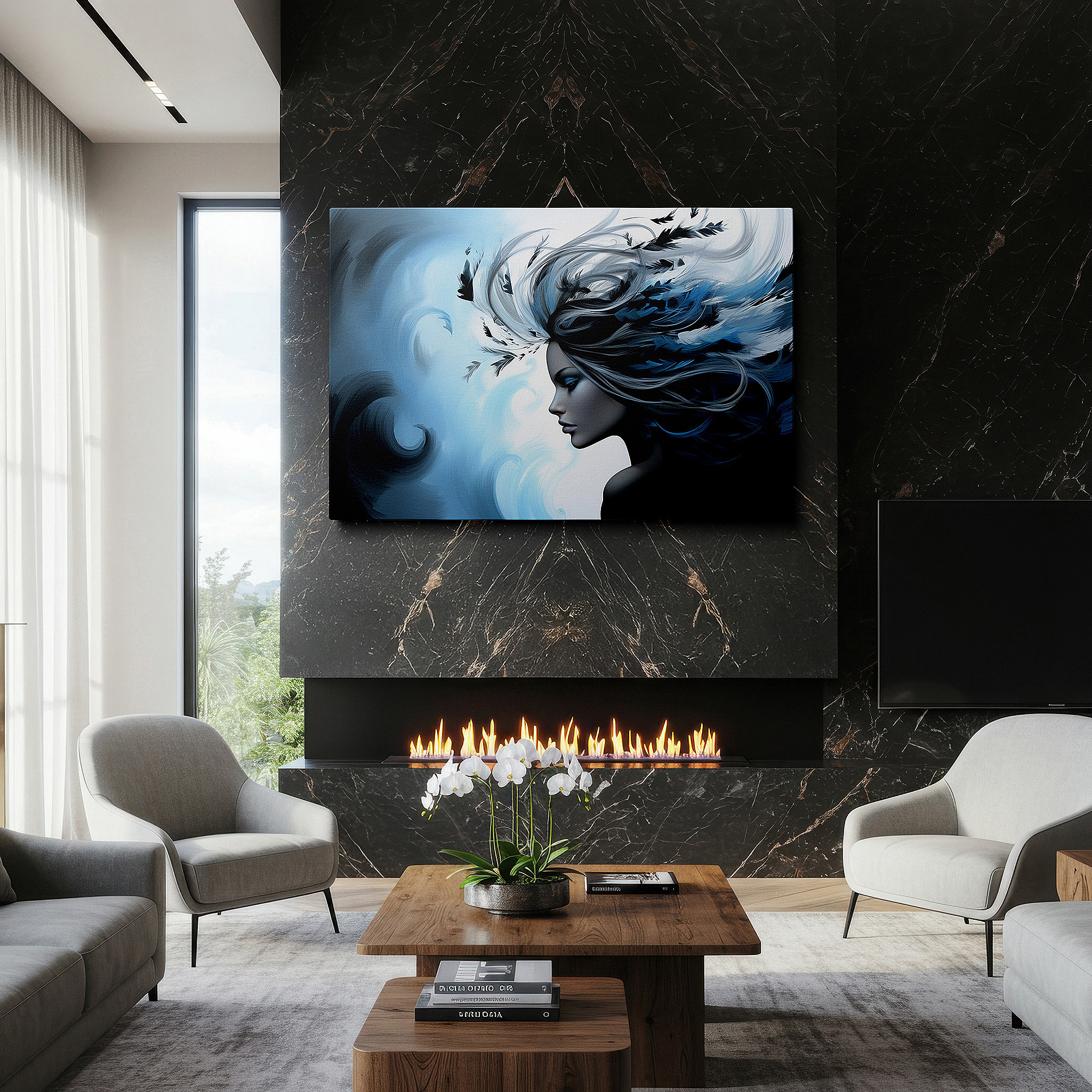 Mounted in a loft-style interior with exposed brick walls — serene woman caressed by breeze, symphony of calm blues and soft whispers, large canvas wall art for office and bedroom decor