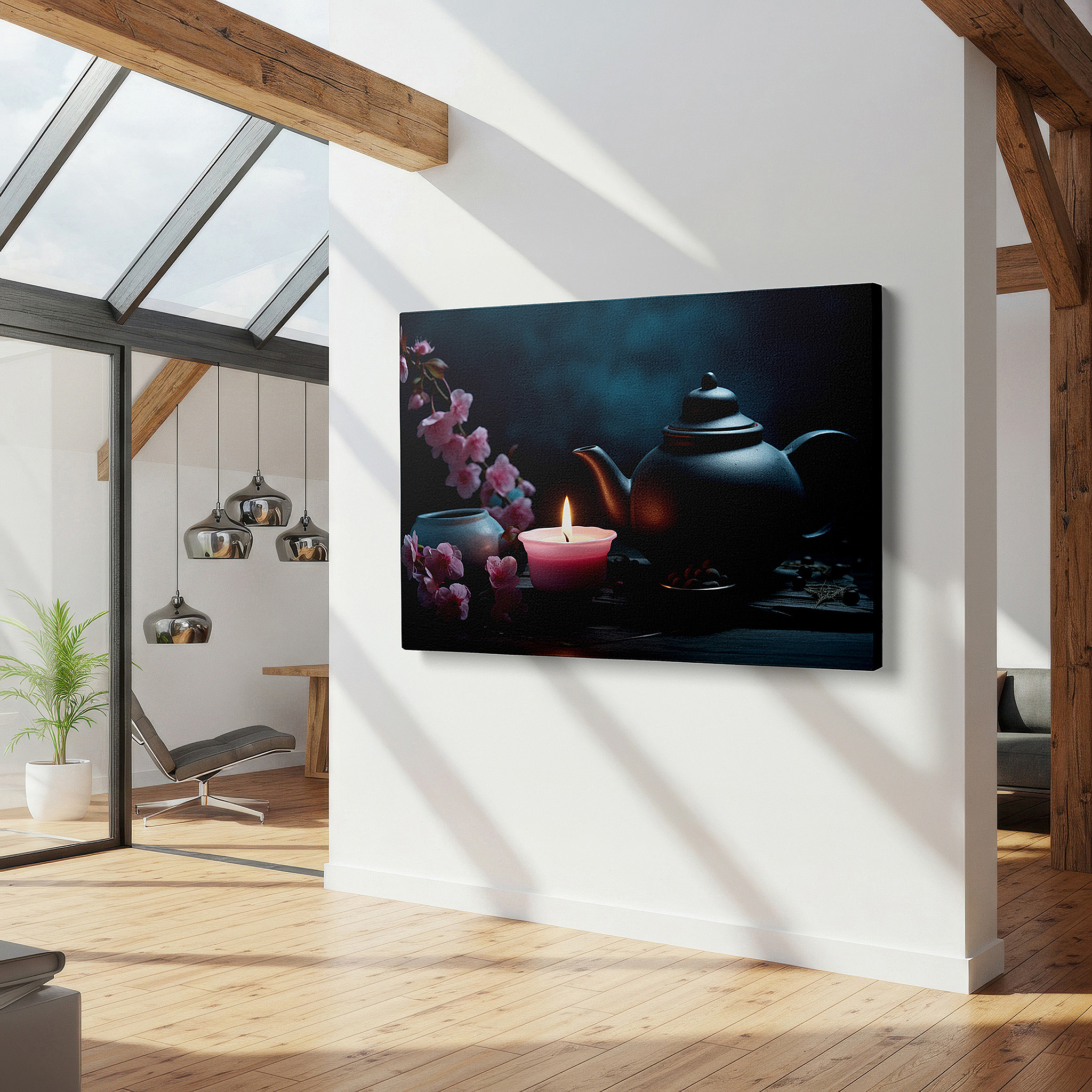 Mounted in a loft-style interior with exposed brick walls — serenity in still life: black teapot, candle glow, and cherry blossoms - large canvas wall art for office and bedroom decor