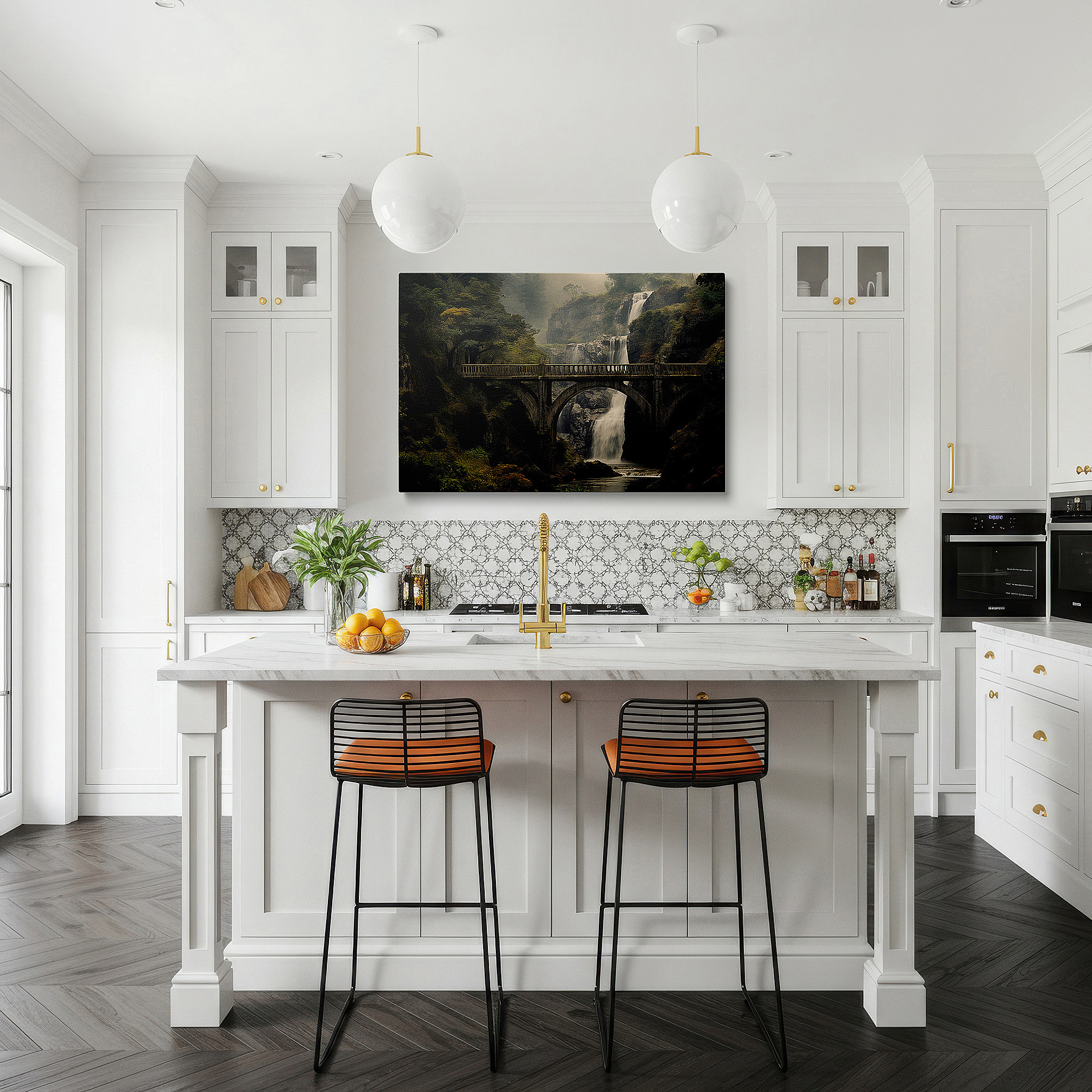 Mounted in a loft-style interior with exposed brick walls — stunning circular bridge and waterfall scene wall art: a fusion of architectural brilliance and natural beauty, large canvas wall decor