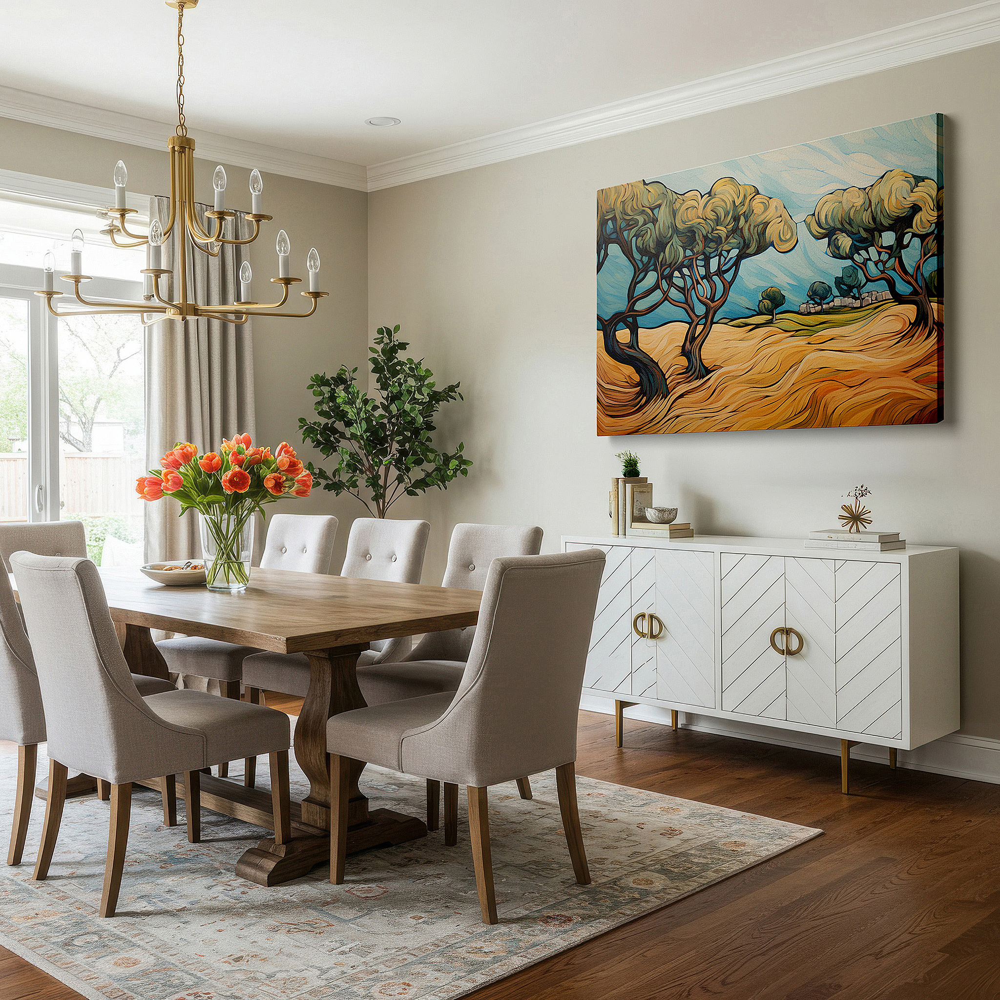 Mounted in a loft-style interior with exposed brick walls — stylized trees and vibrant landscapes harmonious dance large wall art, canvas wall art, wall decor for office and bedroom