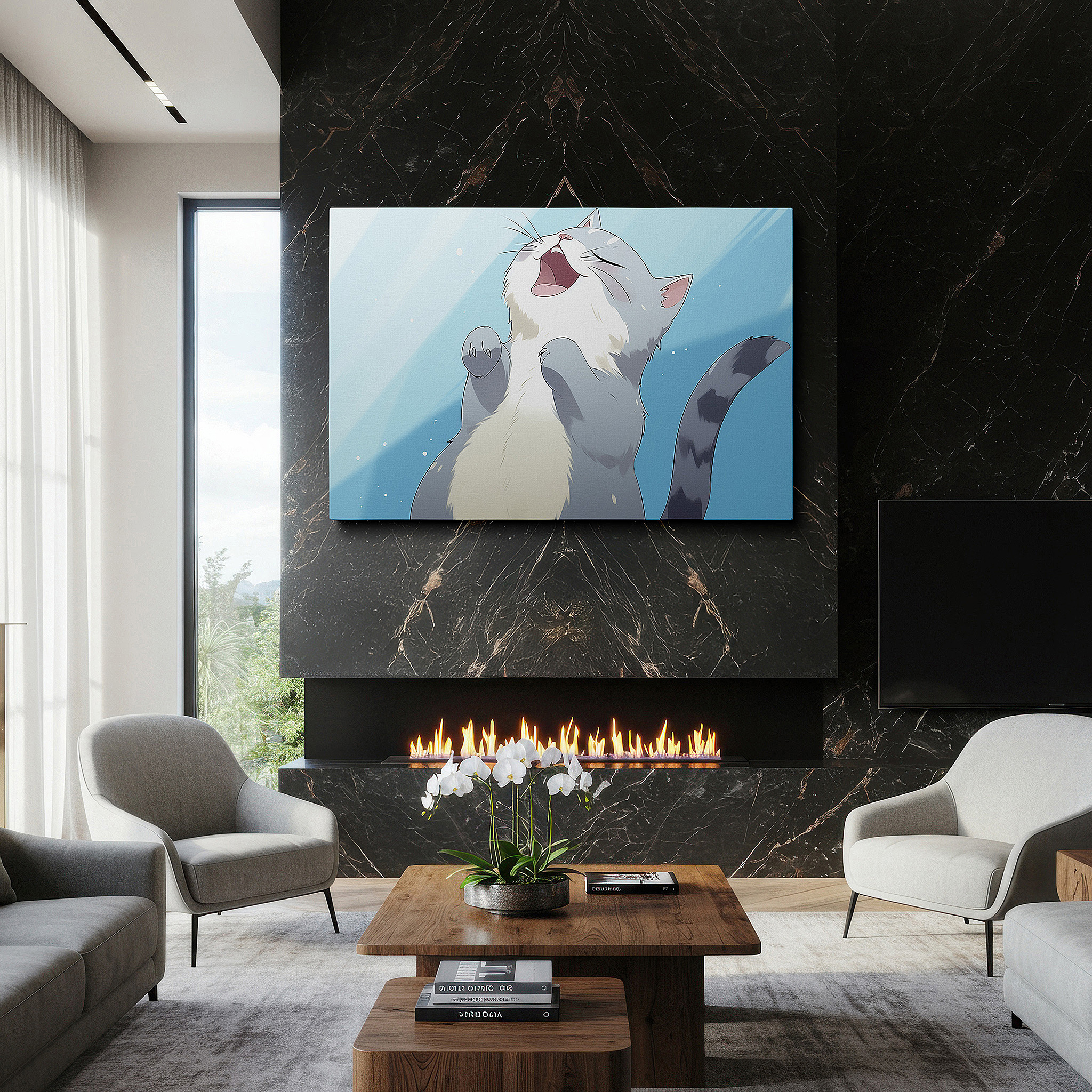 Mounted in a loft-style interior with exposed brick walls — sunlit cat's playful antics on a serene blue background - large canvas wall art for office, living room, and bedroom decor