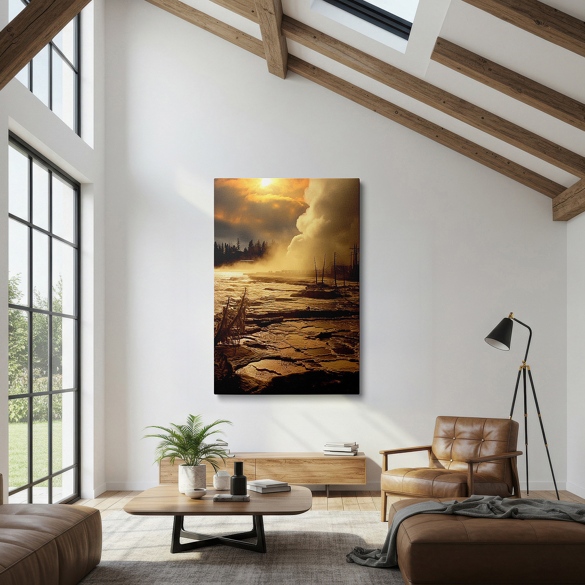 Mounted in a loft-style interior with exposed brick walls — sunrise embrace - transforming the ordinary with golden light and mist large wall art, canvas wall art, wall decor for office
