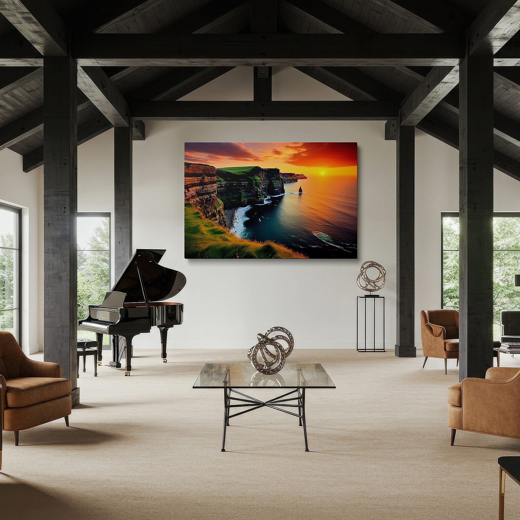 Mounted in a loft-style interior with exposed brick walls — sunset over majestic cliffs and ocean - serene nature's beauty large wall art, canvas wall art, wall decor for office and bedroom