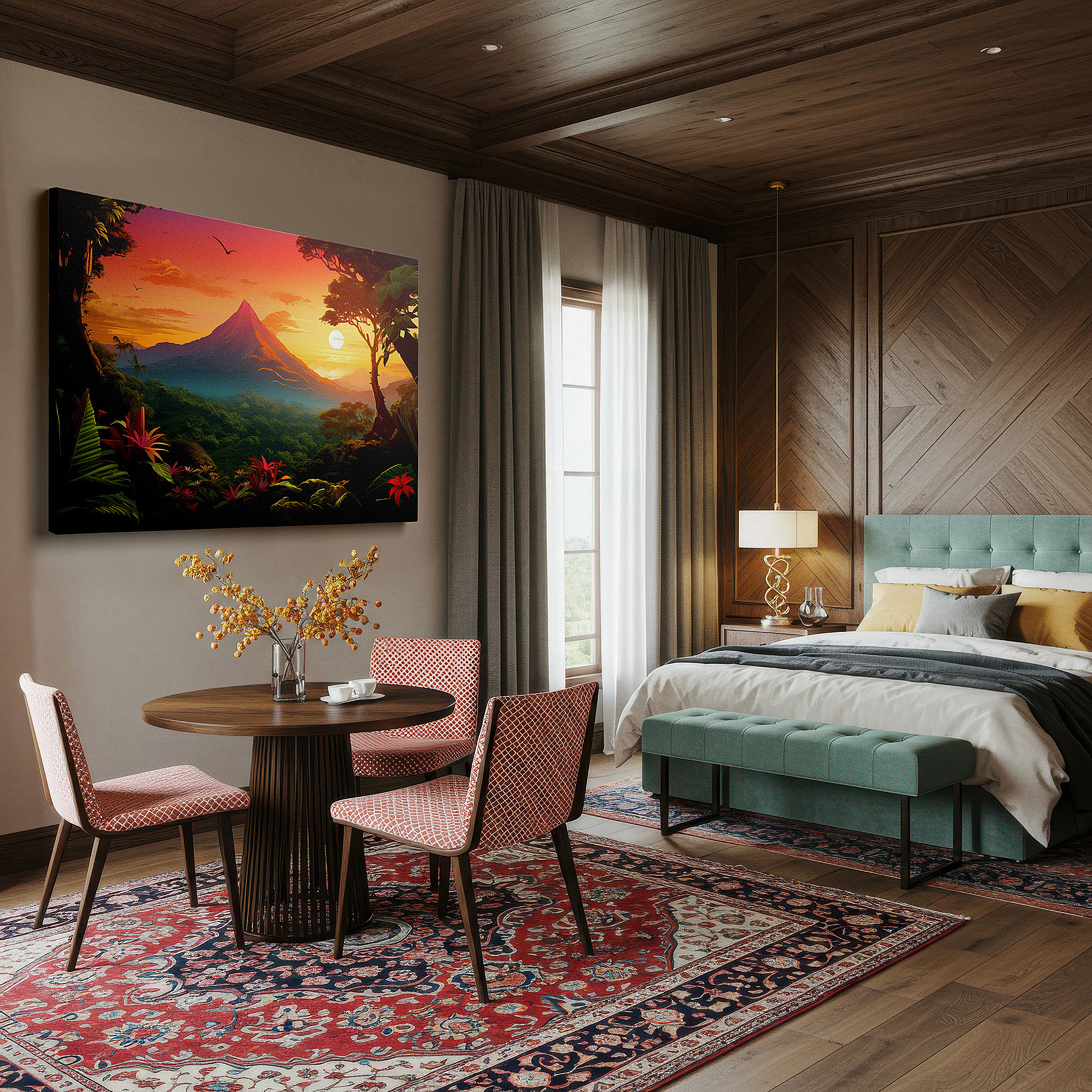 Mounted in a loft-style interior with exposed brick walls — sunset over majestic mountain with tropical foliage - large canvas wall art for office, bedroom, and living room decor