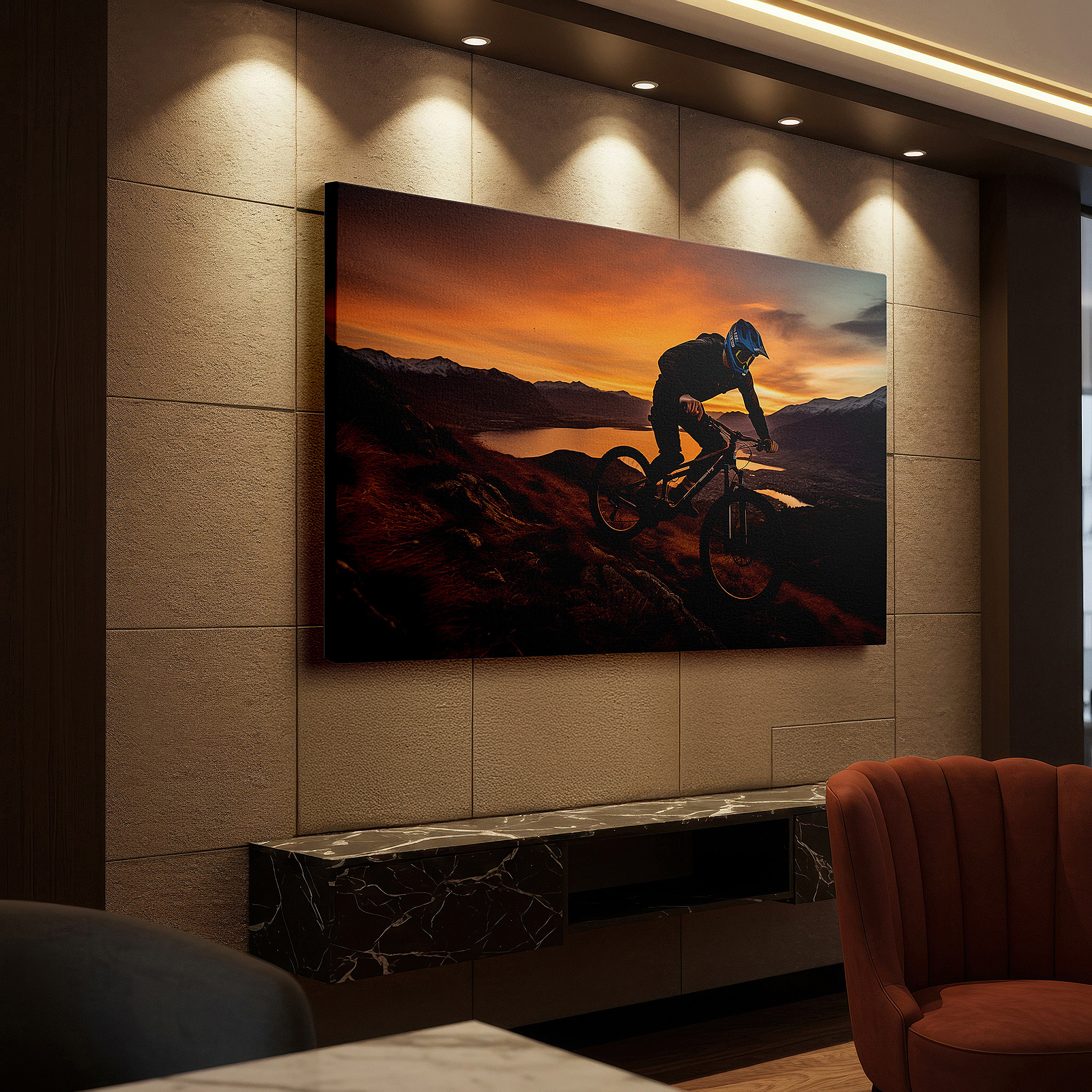 Mounted in a loft-style interior with exposed brick walls — sunset mountain biking on rugged terrain - large canvas wall art for office, bedroom, and living room decor