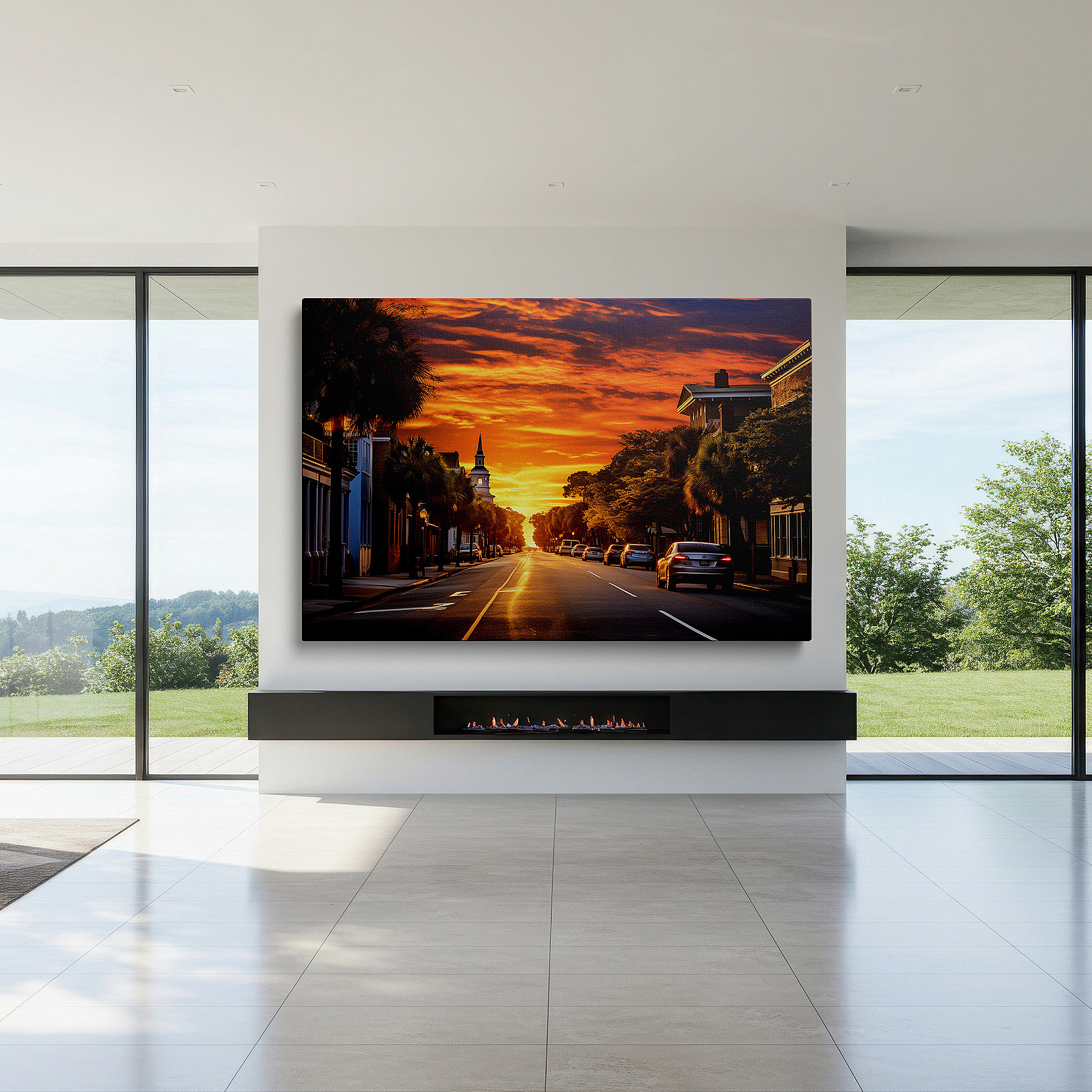 Mounted in a loft-style interior with exposed brick walls — sunset serenade on a historic city street: large canvas wall art featuring warm hues and tropical vibes, ideal for office wall decor