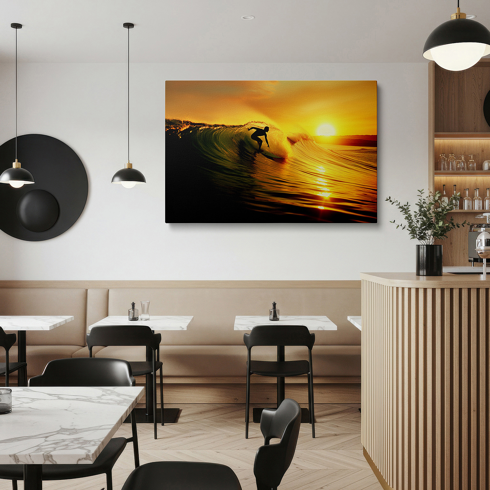 Mounted in a loft-style interior with exposed brick walls — surfing at sunset wall art: a masterful display of skill and nature's beauty - large canvas for home and office decor, perfect for living room and bedroom