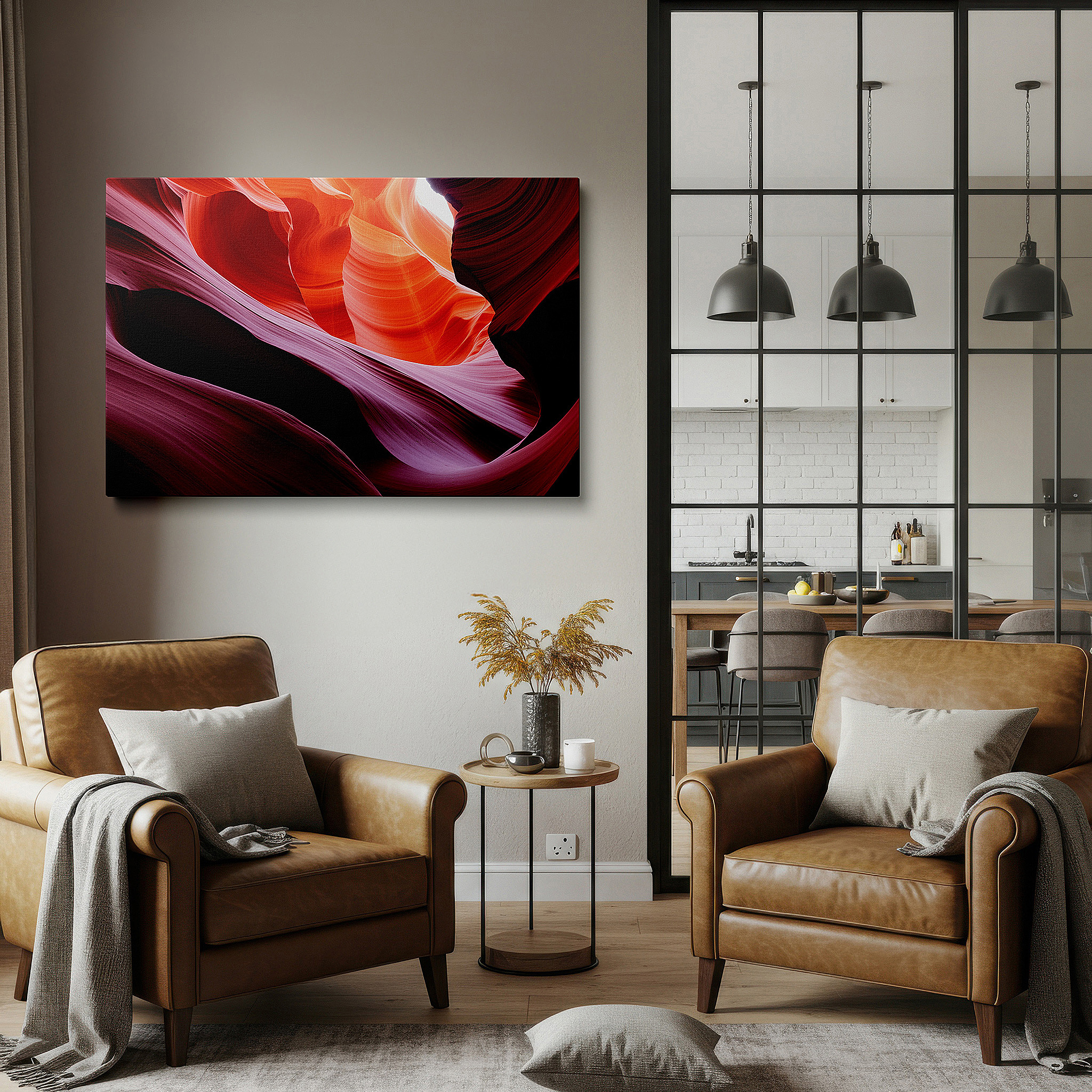 Mounted in a loft-style interior with exposed brick walls — swirling oranges and reds: a visual symphony of passion and vitality - large canvas wall art for office decor