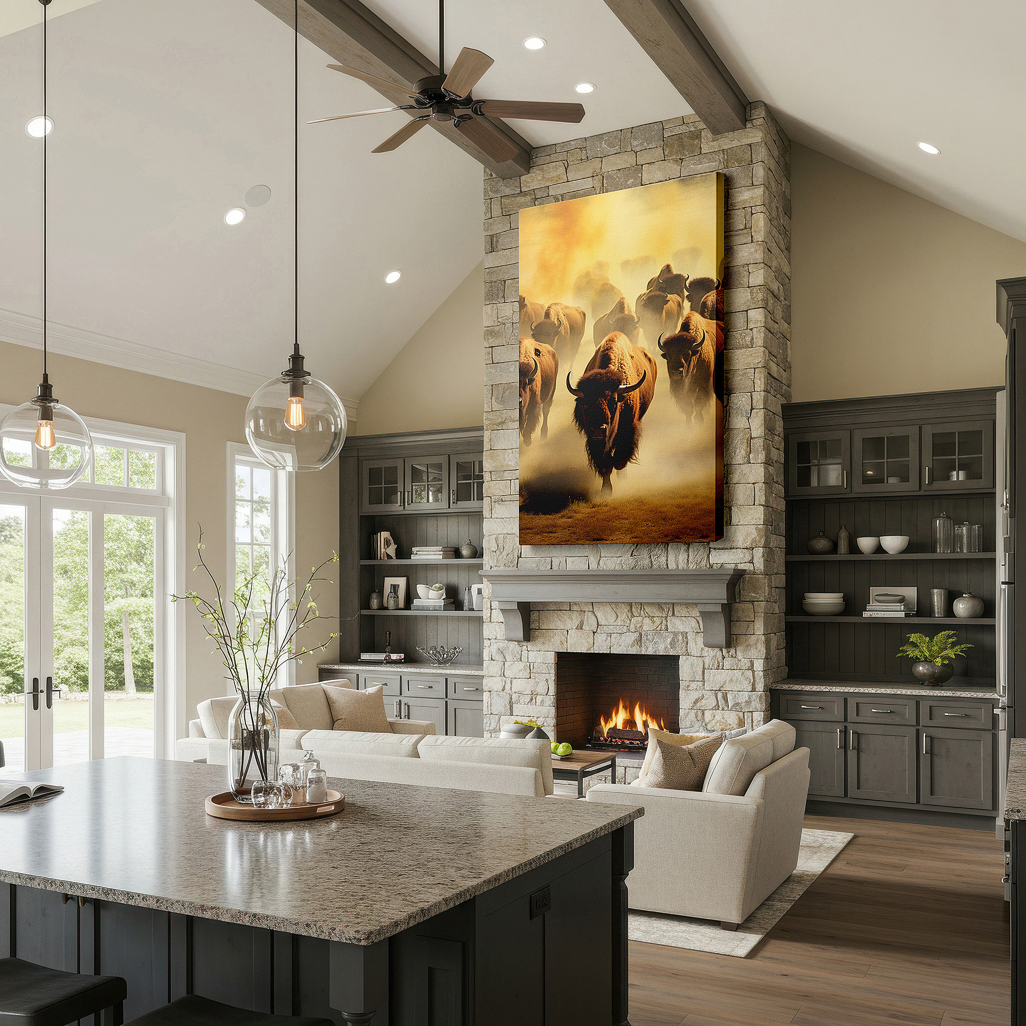 Mounted in a loft-style interior with exposed brick walls — thundering herd across the plains - dynamic buffalo movement large wall art, canvas wall art, wall decor for office and bedroom
