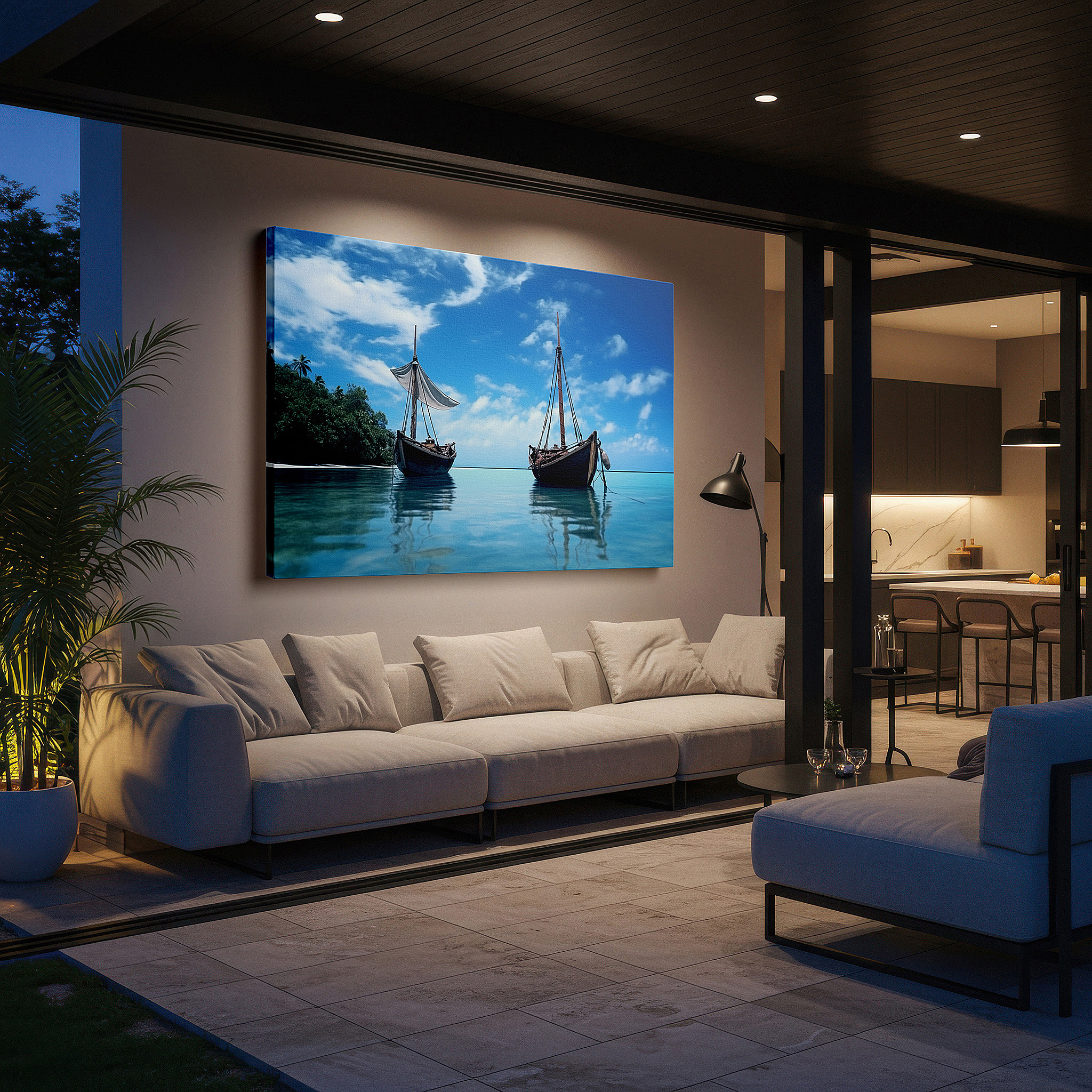 Mounted in a loft-style interior with exposed brick walls — traditional boats on serene seascape: tranquil paradise large canvas wall art for office decor