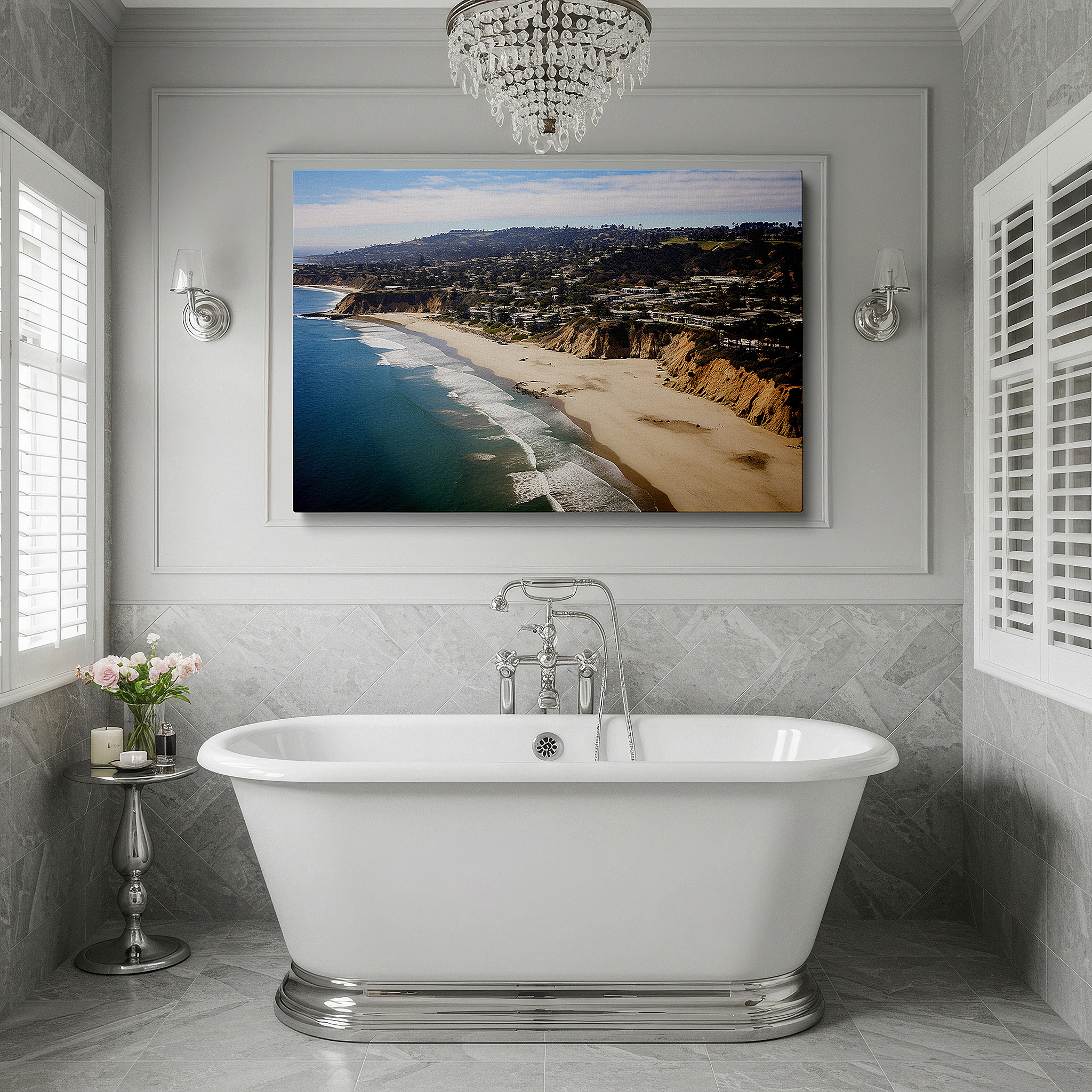 Mounted in a loft-style interior with exposed brick walls — tranquil coastal paradise wall art featuring lush cliffs and pristine waters - large canvas for home and office decor, perfect for living room and bedroom