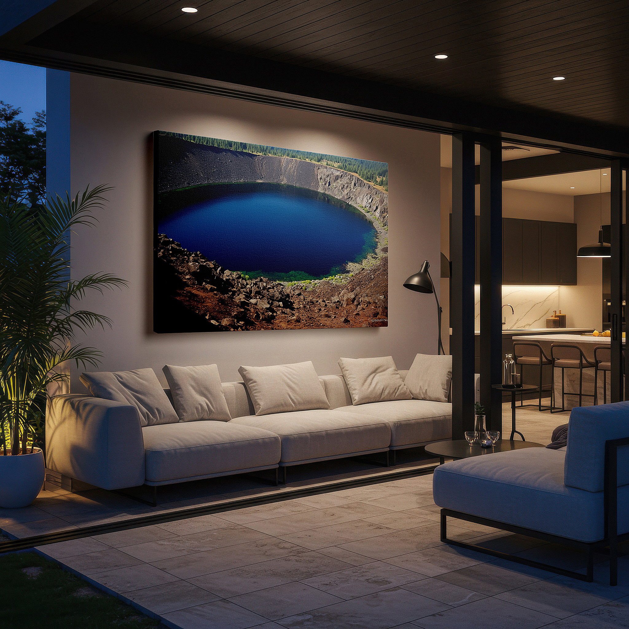 Mounted in a loft-style interior with exposed brick walls — tranquil crater lake surrounded by lush greenery and rugged cliffs large wall art, canvas wall art, wall decor for office, bedroom, and living room