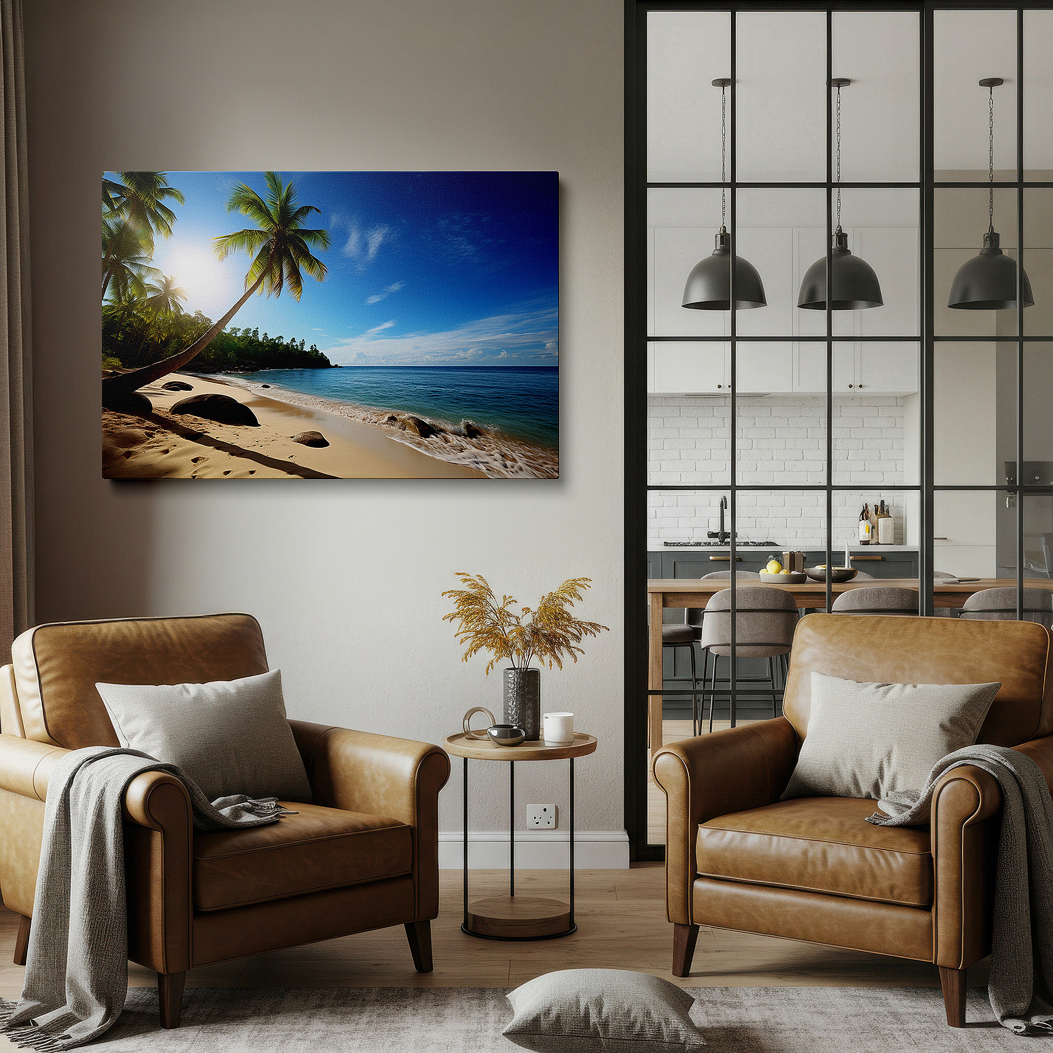 Mounted in a loft-style interior with exposed brick walls — tropical serenity wall art featuring dancing palm fronds and golden sands, large canvas for home and office decor