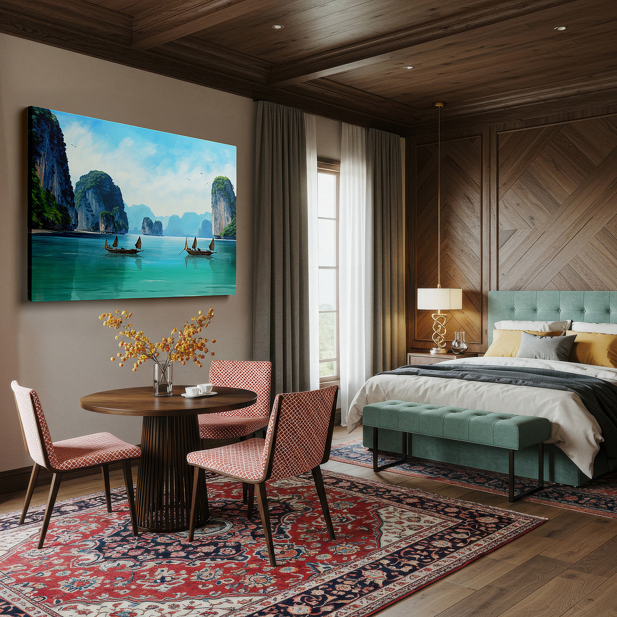 Mounted in a loft-style interior with exposed brick walls — tropical serenity wall art featuring vibrant boats and pristine sands, large canvas for home and office decor