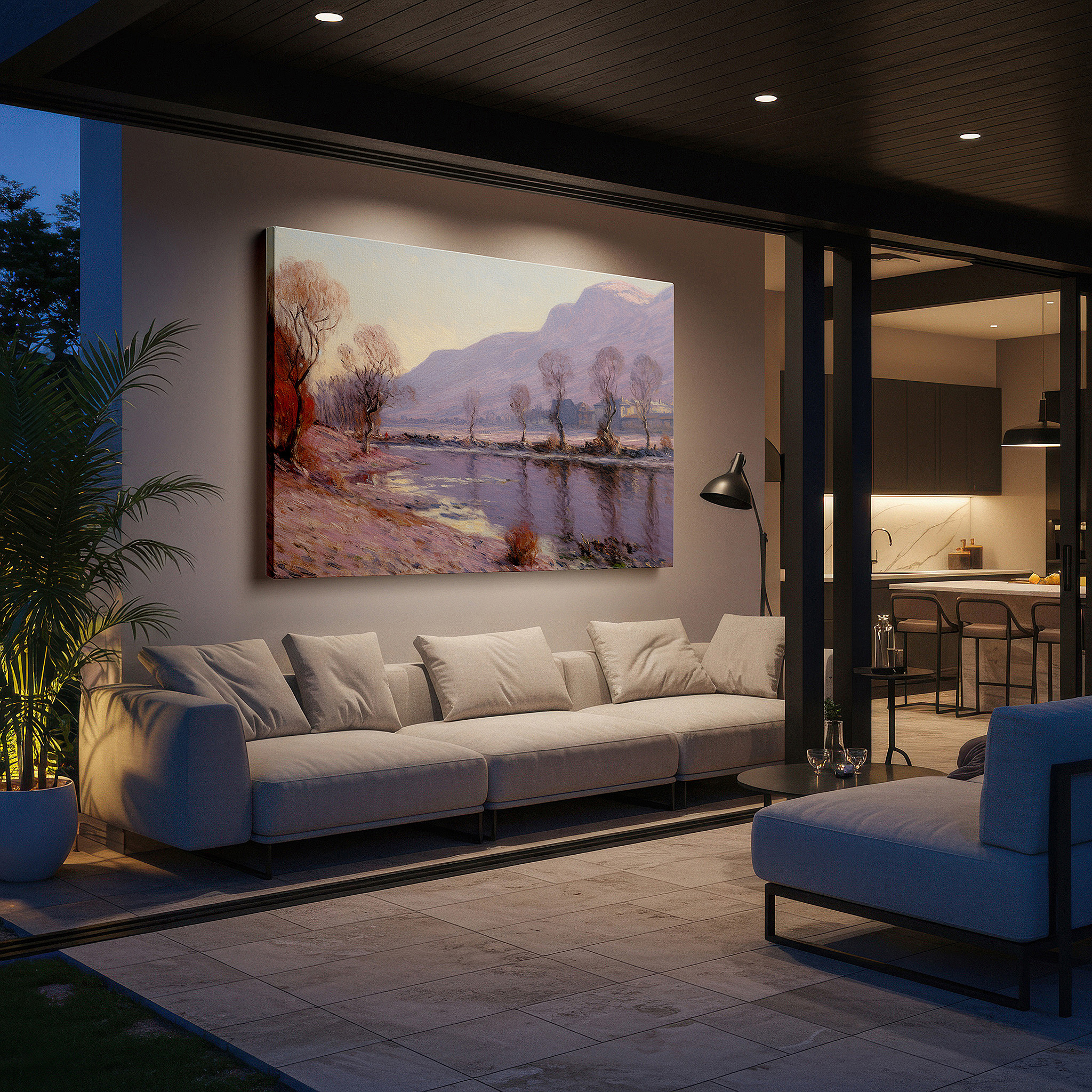 Mounted in a loft-style interior with exposed brick walls — twilight serenity: large canvas wall art featuring reflective lakeside and silhouetted trees for office and bedroom decor