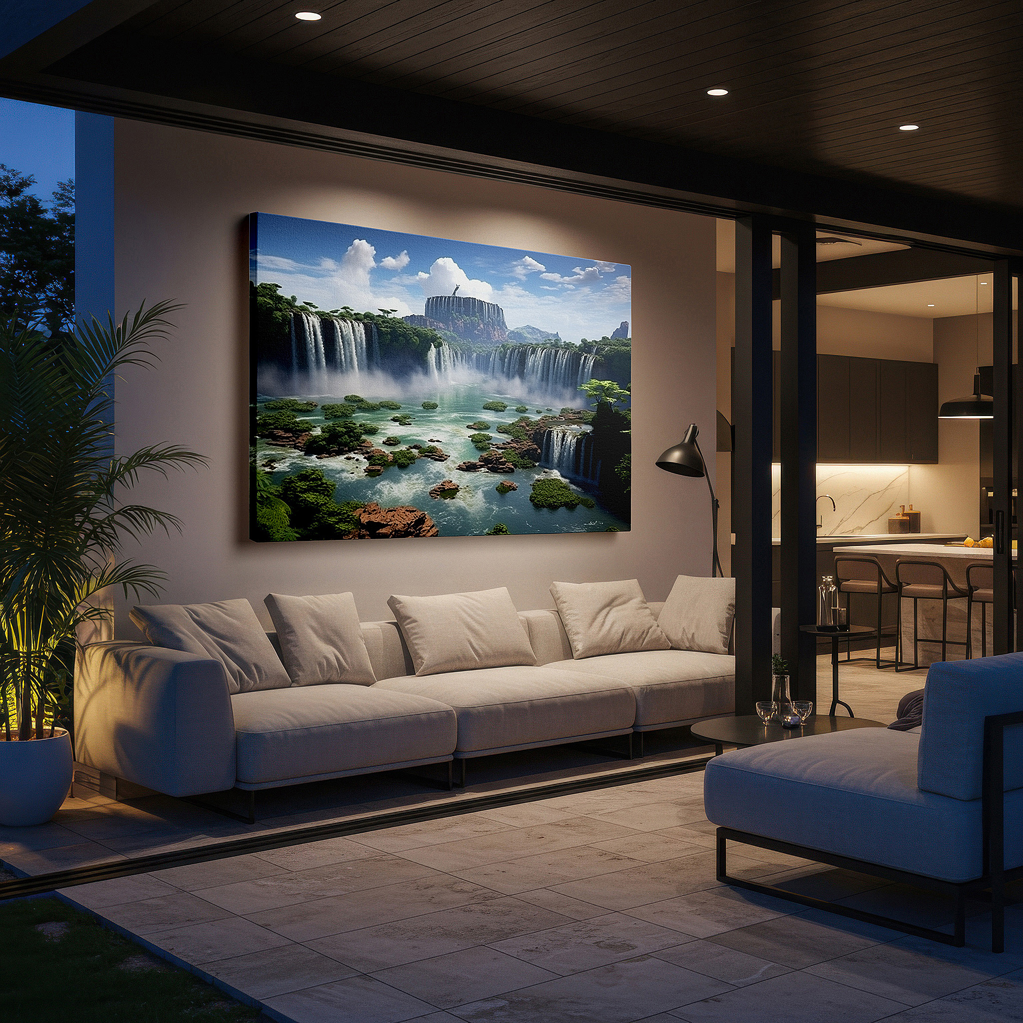 Mounted in a loft-style interior with exposed brick walls — verdant cliffs with cascading waterfalls and tranquil oasis large wall art, canvas wall art, wall decor for office and bedroom