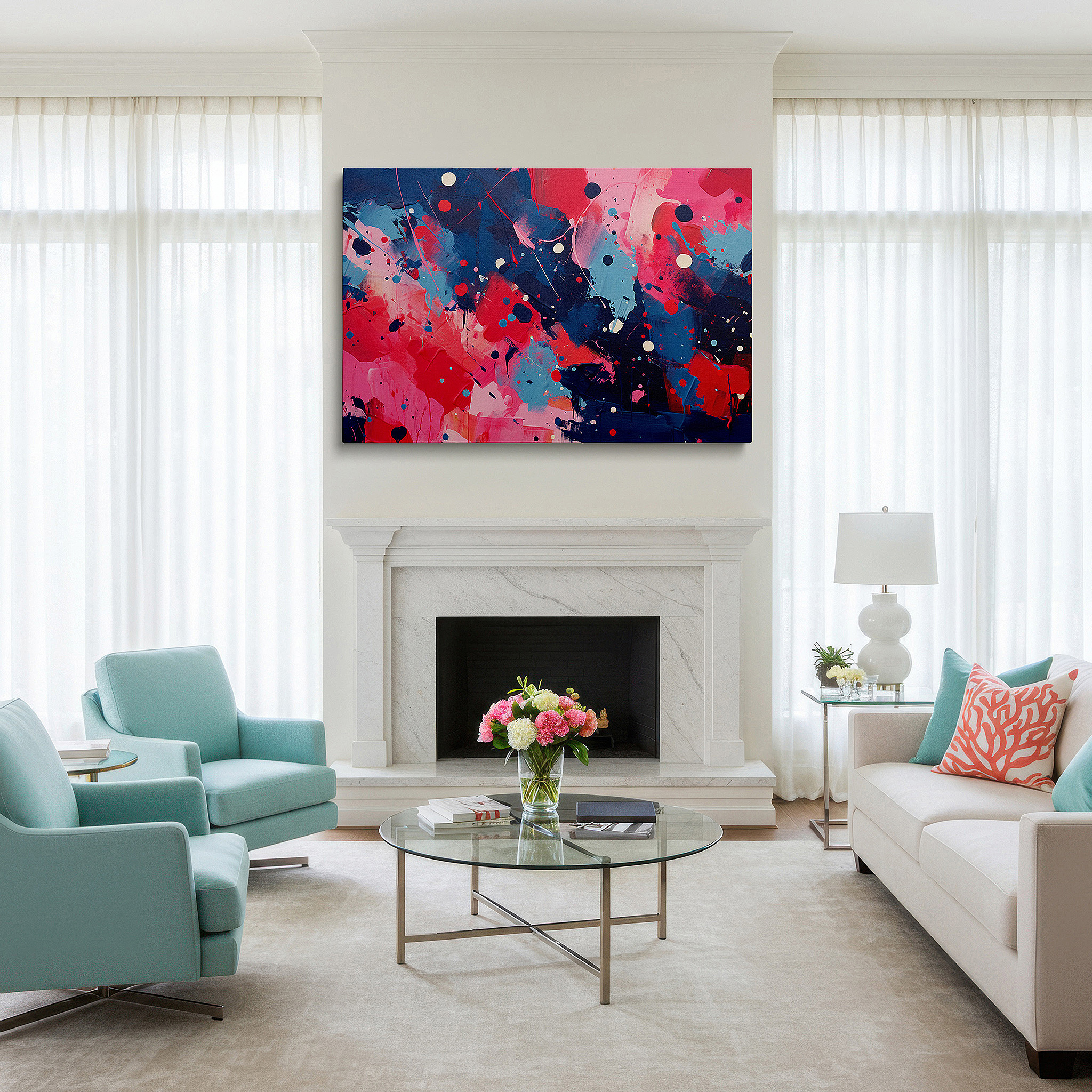 Mounted in a loft-style interior with exposed brick walls — vibrant abstract masterpiece featuring bright pinks, rich blues, and pure whites - large canvas wall art for home and office decor