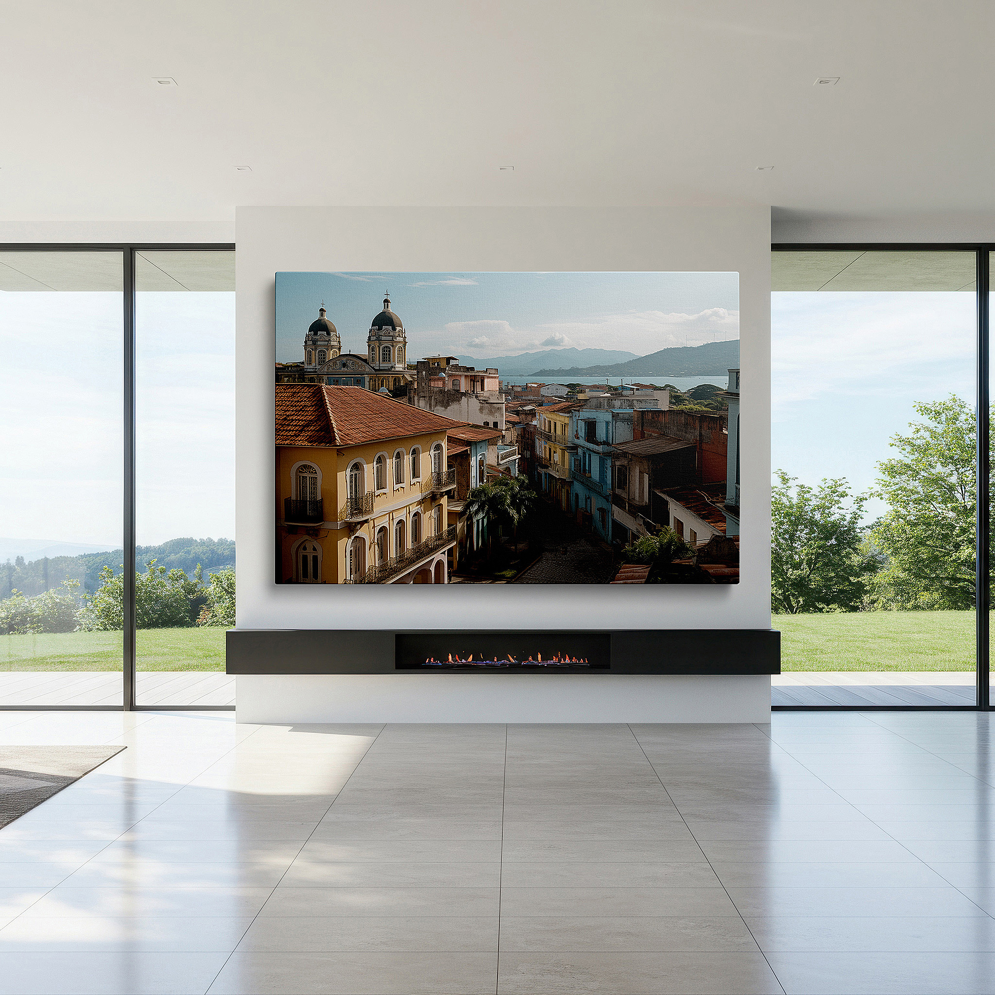 Mounted in a loft-style interior with exposed brick walls — vibrant cuban town wall art featuring pastel buildings and a majestic cathedral - large canvas for office, bedroom, and living room decor