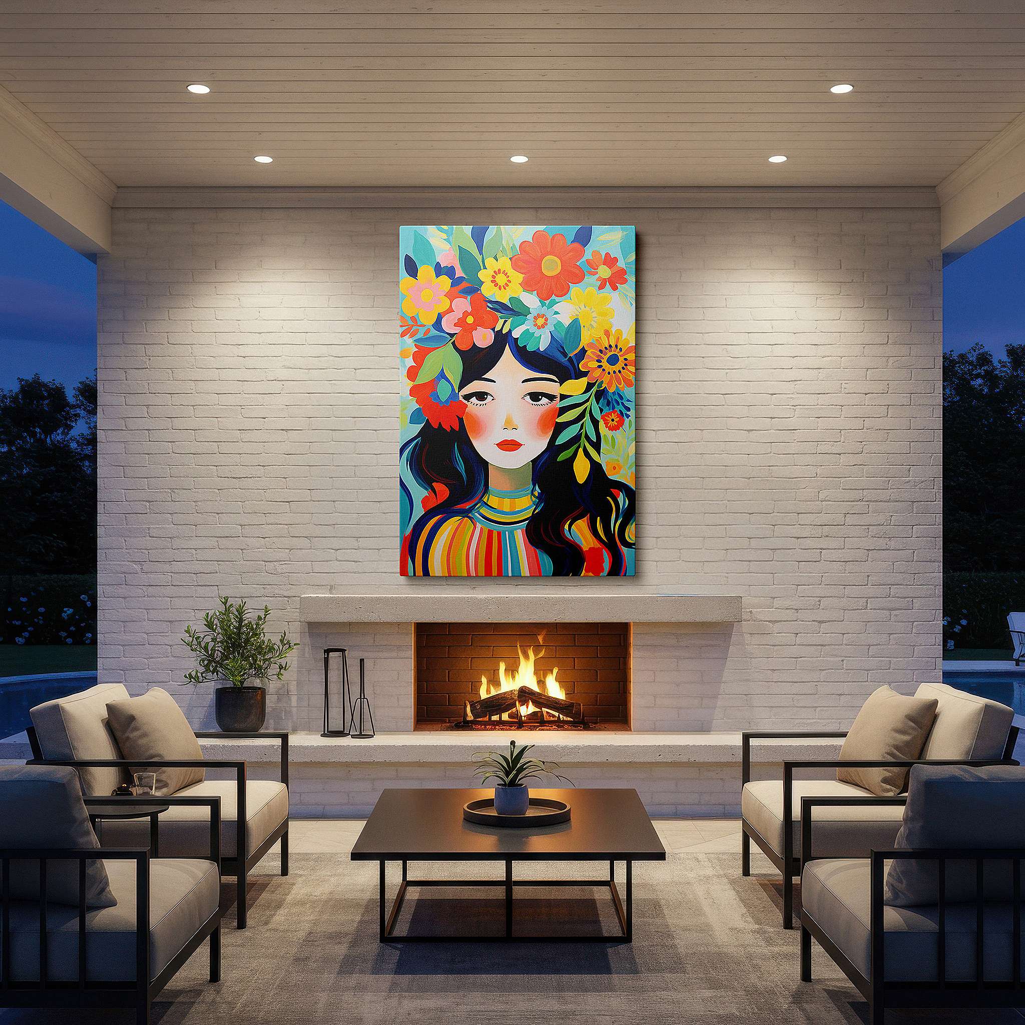 Mounted in a loft-style interior with exposed brick walls — vibrant nature crowned woman: a tribute to femininity and floral grandeur - large wall art, canvas wall art, wall decor, office wall art