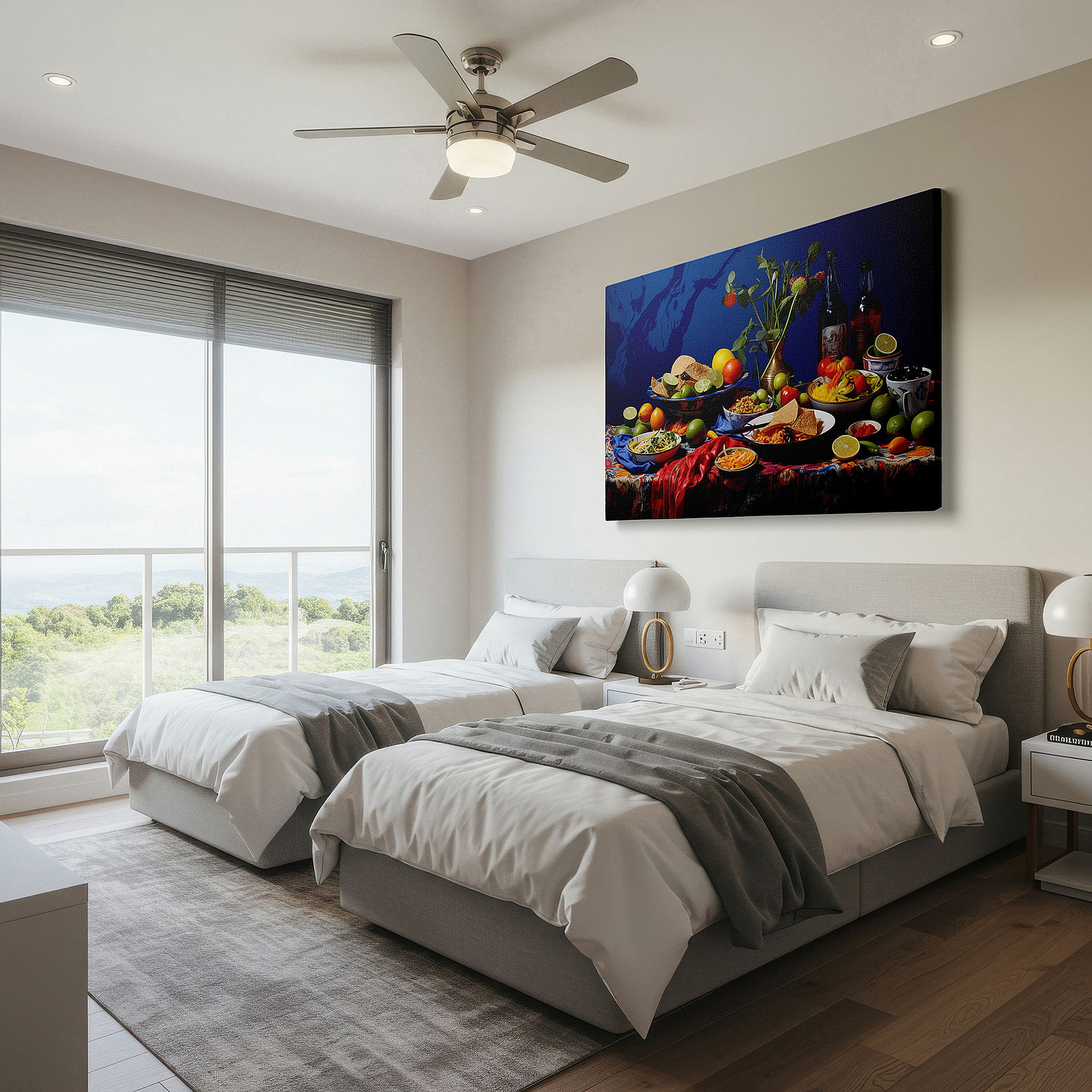 Mounted in a loft-style interior with exposed brick walls — wall art: celebrating culinary diversity and communal joy with a feast of colors and flavors on a rustic table - large canvas wall art for office decor