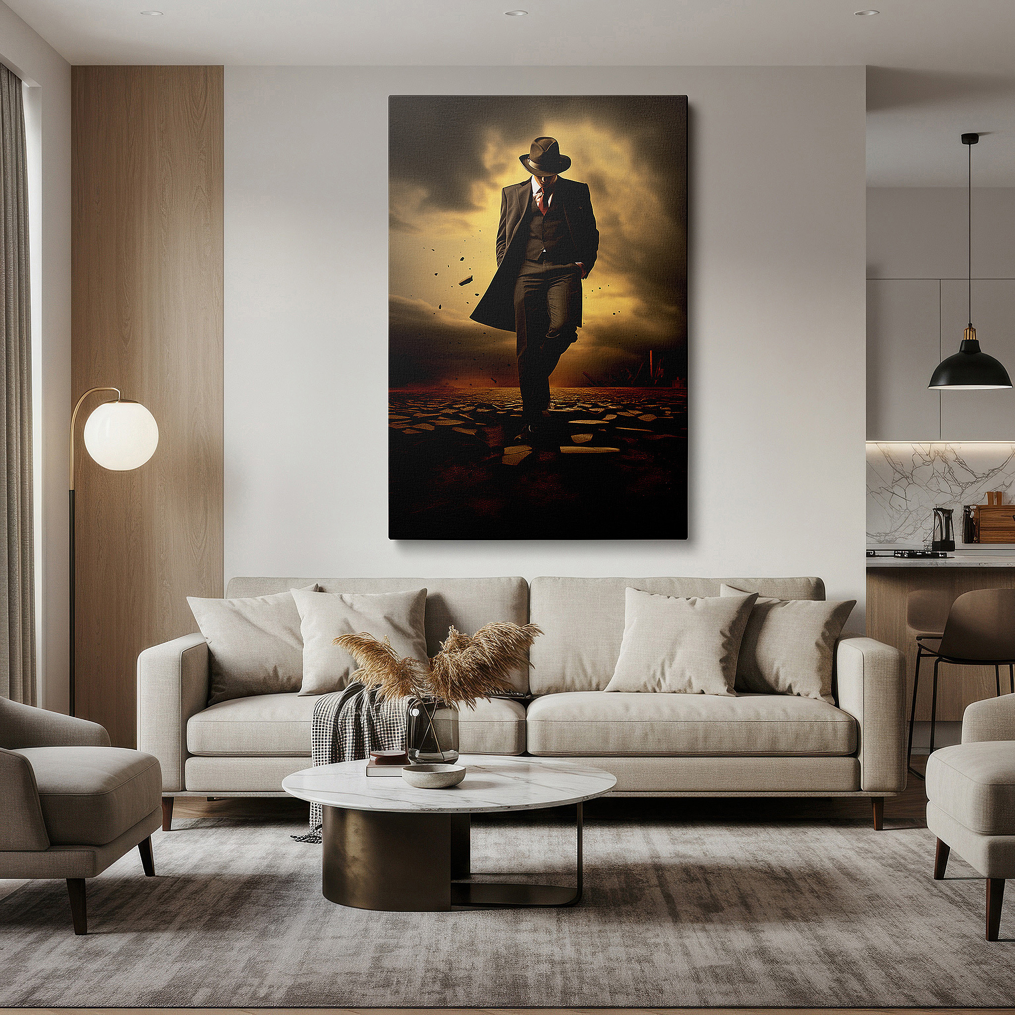 Mounted in a loft-style interior with exposed brick walls — wall art: "civilization meets nature" - man in suit against stormy wilderness scene, large canvas wall art for office decor