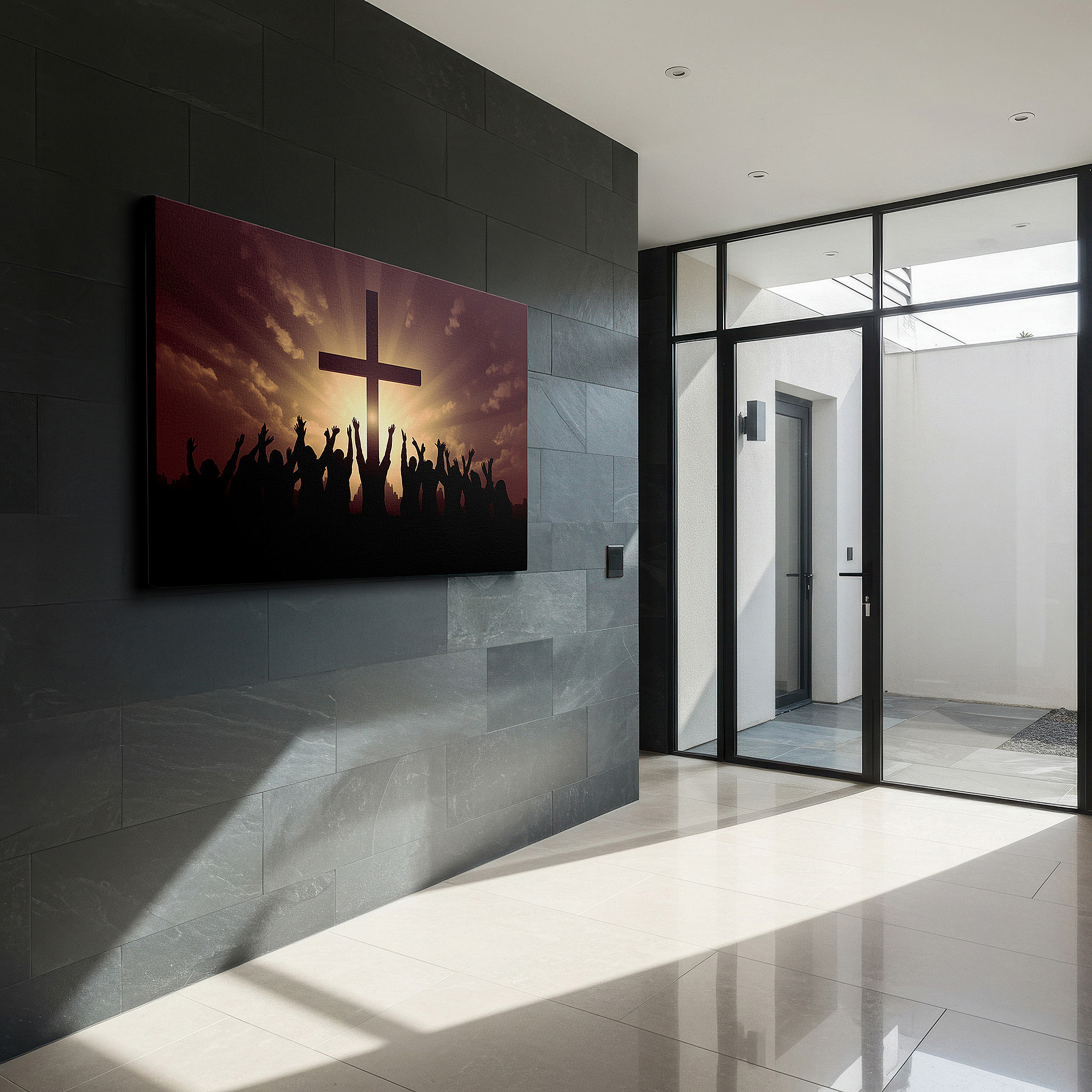 Mounted in a loft-style interior with exposed brick walls — wall art: a crowd united in worship at sunrise, silhouetted against a majestic cross, symbolizing light and hope - large canvas wall art