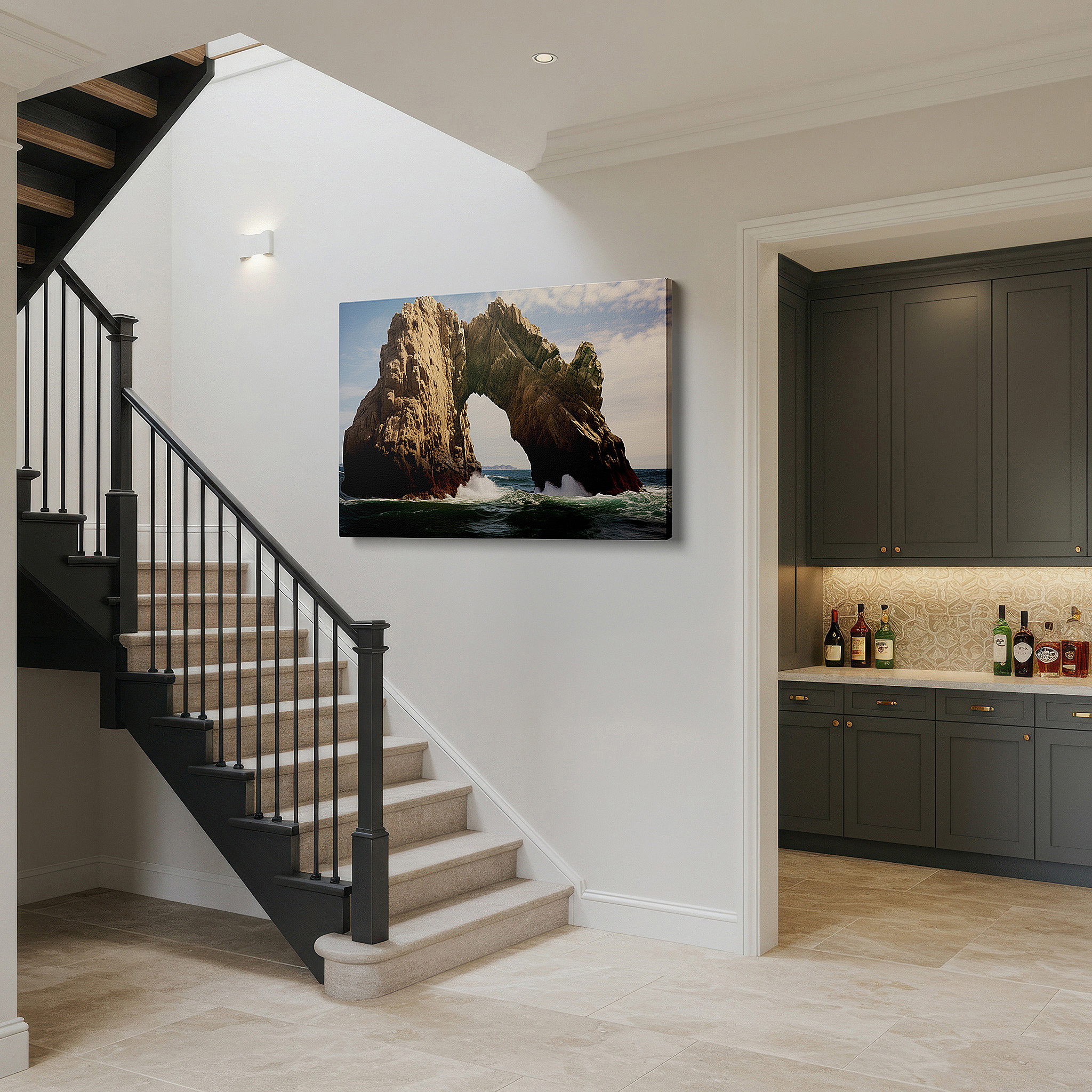 Mounted in a loft-style interior with exposed brick walls — wall art: majestic arch and crashing waves - a symphony of light and nature's power. large canvas wall art for home and office decor.