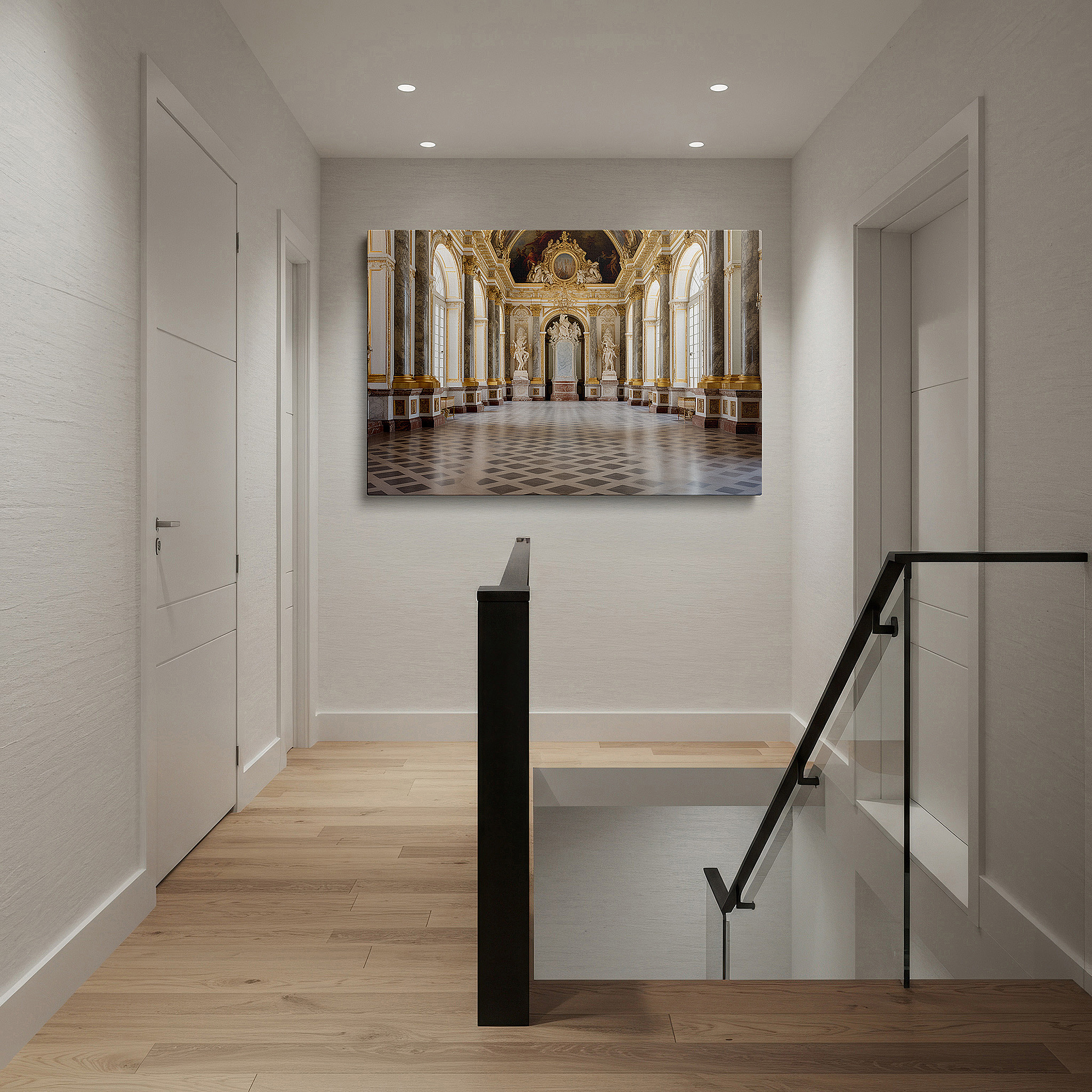 Mounted in a loft-style interior with exposed brick walls — wall art: majestic hall of timeless elegance - a masterpiece of architectural grandeur and artistic brilliance. large canvas wall art decor.