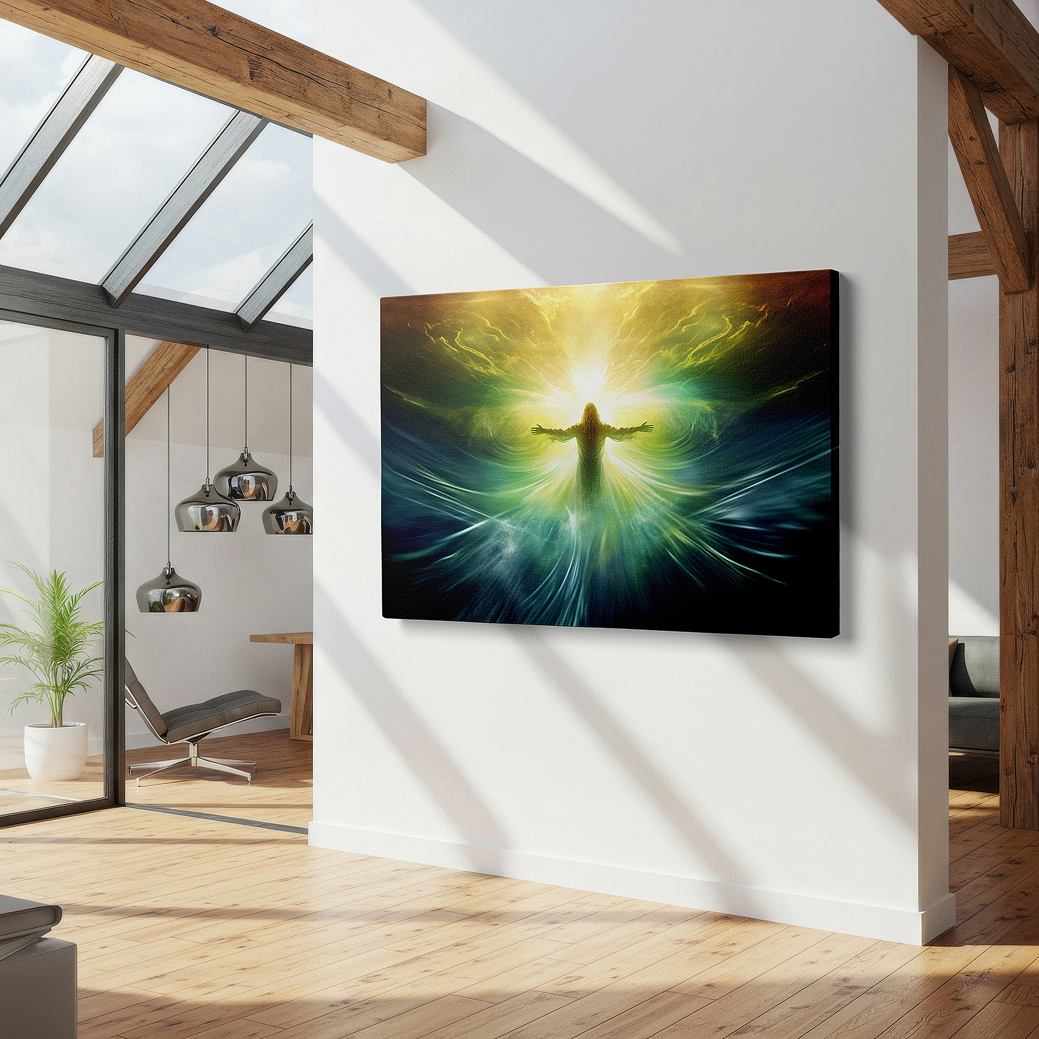 Mounted in a loft-style interior with exposed brick walls — wall art: radiant figure amid cosmic hues - a journey of spiritual enlightenment and universal connection. large canvas wall art for office decor.