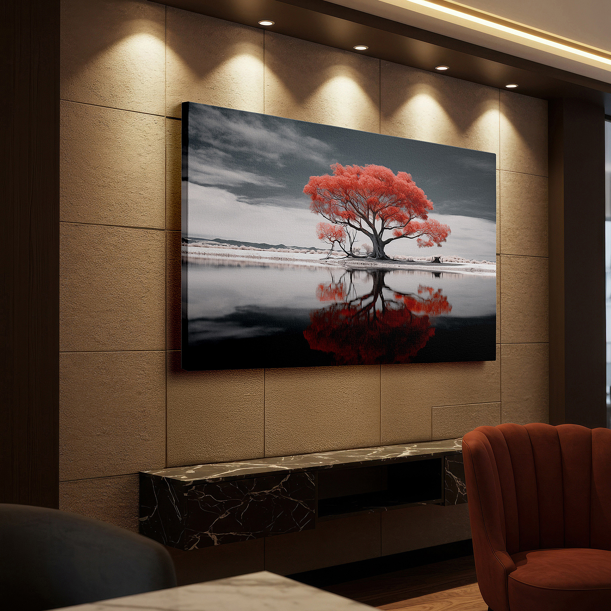 Mounted in a loft-style interior with exposed brick walls — wall decor: fiery red tree against calm waters - striking natural contrast of energy and tranquility, large canvas wall art for home and office decor