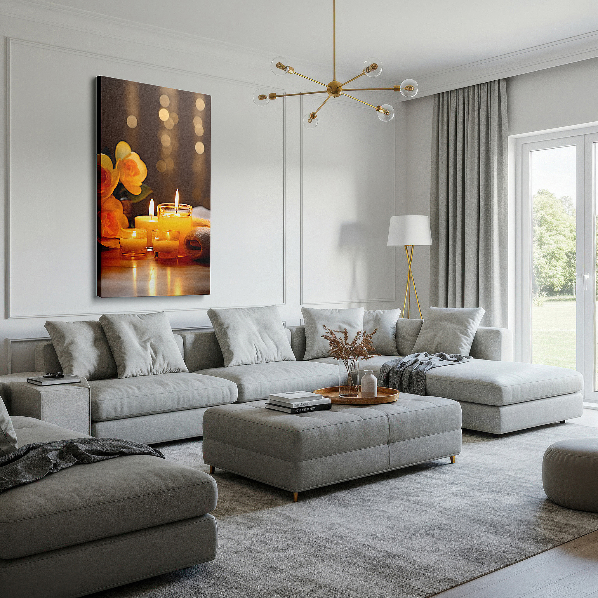 Mounted in a loft-style interior with exposed brick walls — wall decor: a harmonious display of yellow blooms and soft candlelight, capturing serenity and happiness. ideal for living room, office, or bedroom.