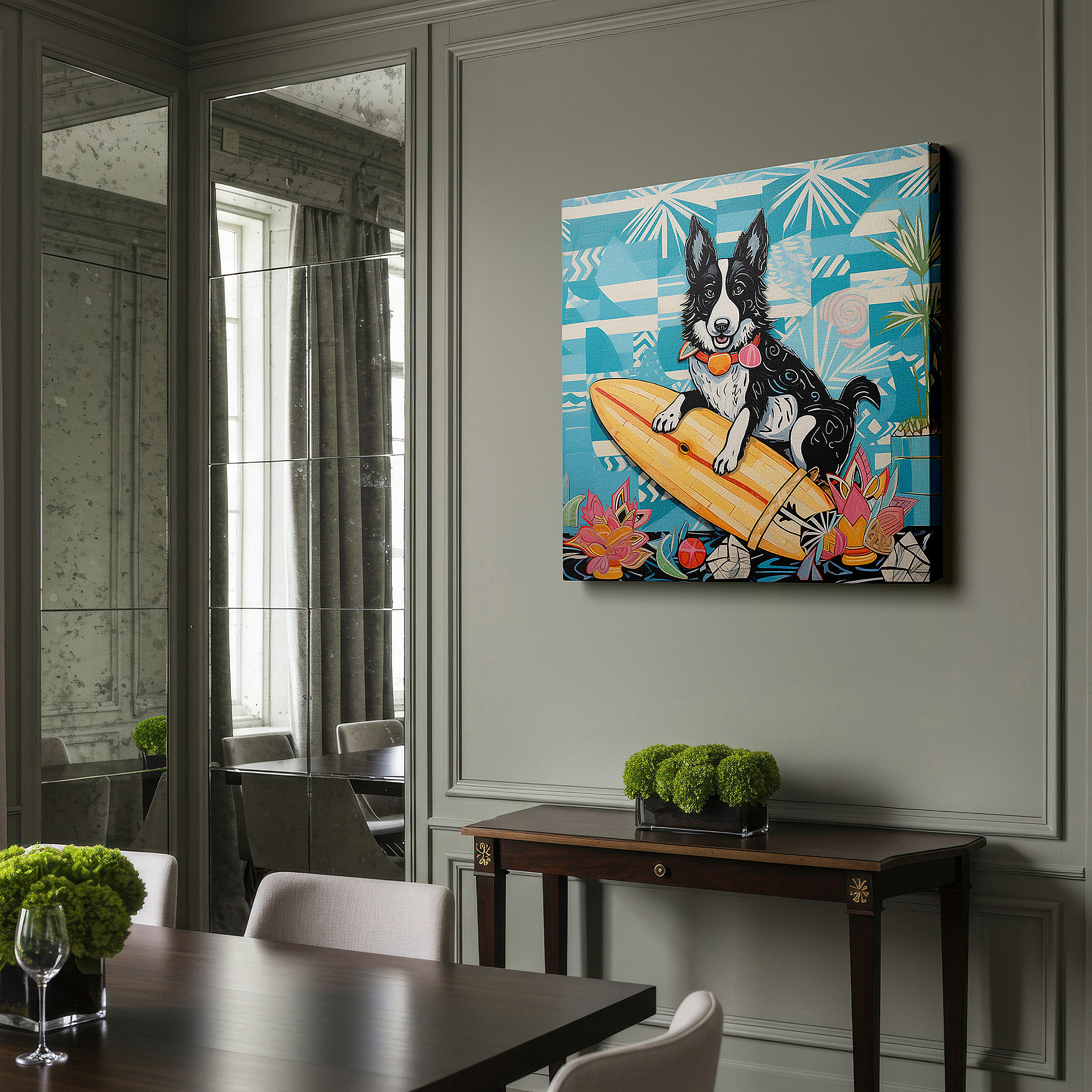 Mounted in a loft-style interior with exposed brick walls — wall decor: "joyful summer adventures" - surfing dog in sunglasses, large canvas art for office, bedroom, and living room
