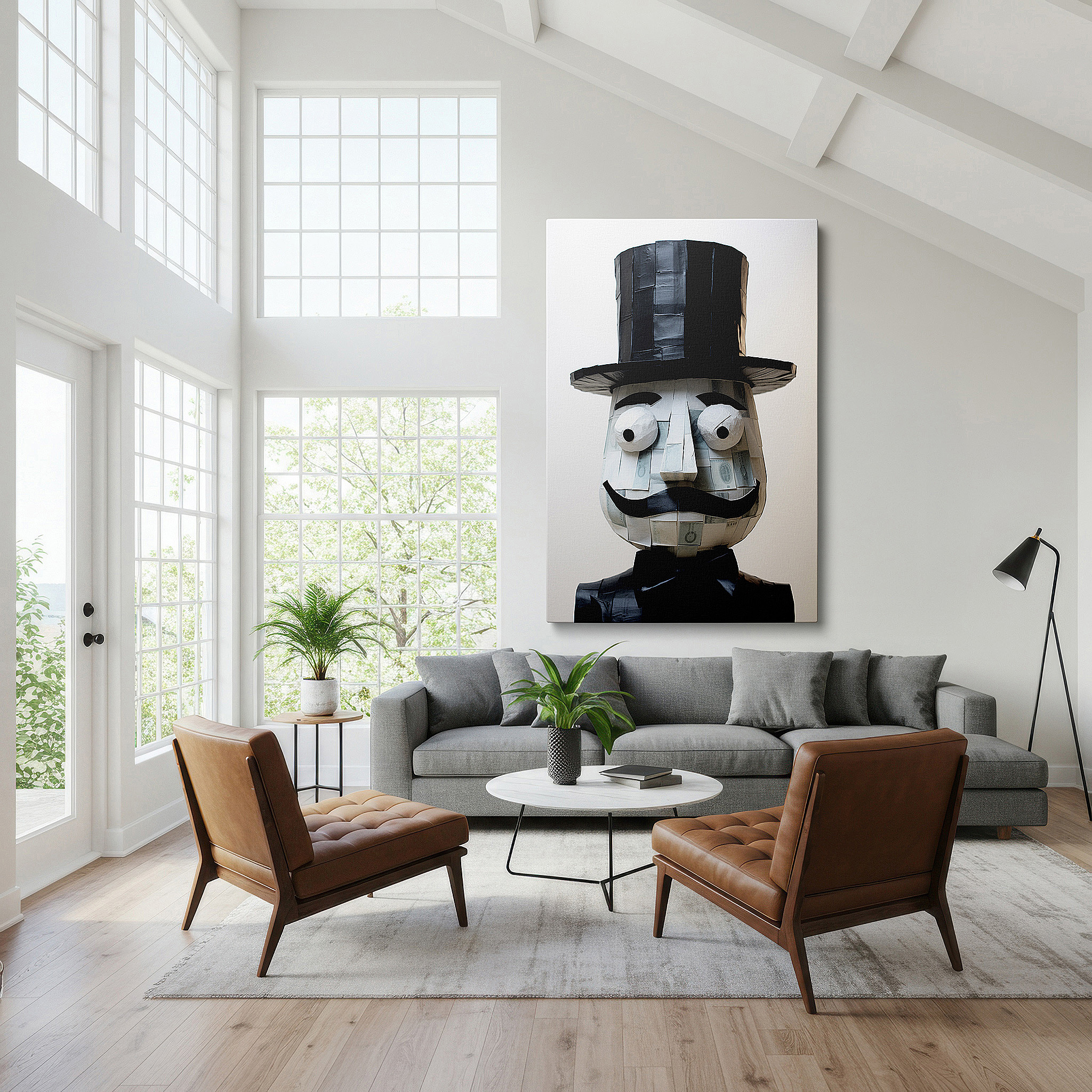 Mounted in a loft-style interior with exposed brick walls — whimsical figure with top hat and bow tie: a joyful centerpiece for creative spaces - large canvas wall art for office decor
